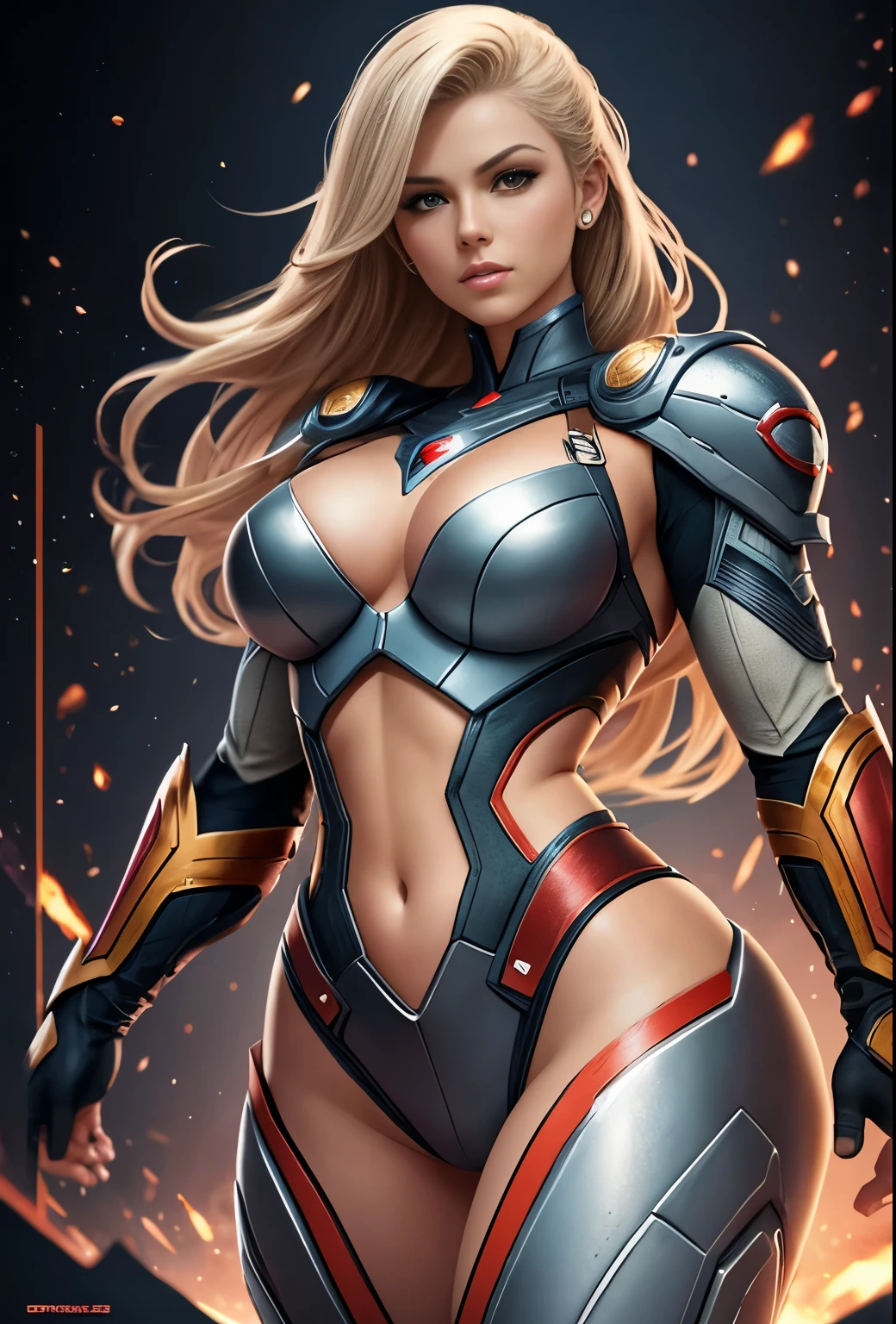 Beautiful superheroine blonde waist, detailed skin, realistic, photo-realistic, 8k, highly detailed, full length frame, High detail RAW color art, piercing, diffused soft lighting, shallow depth of field, sharp focus, hyperrealism, cinematic lighting in combat suit, Ultra HD