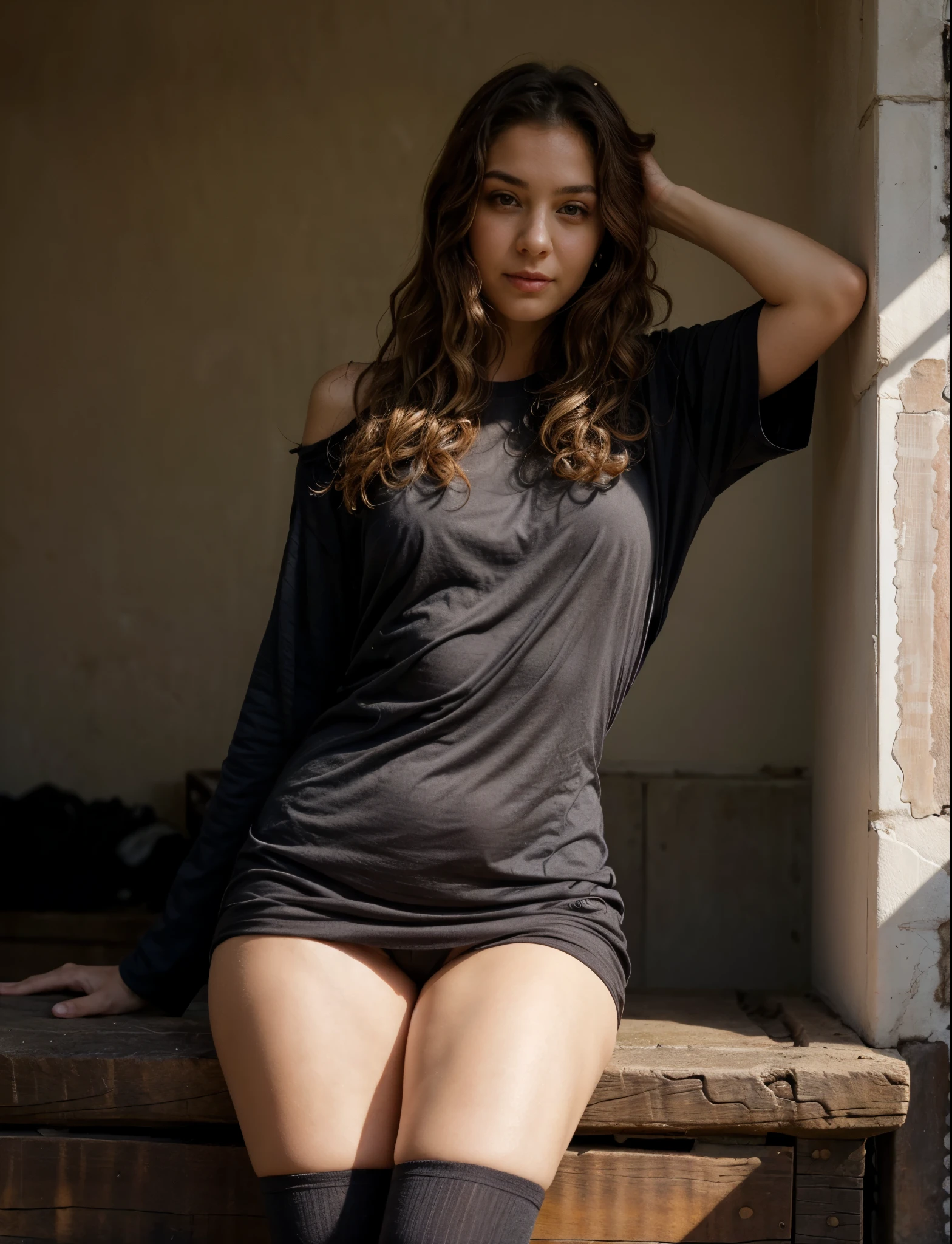 longer slimer face, perfect face, long oval lovely face, dark brown eyes, (((VERY CURLY))), deep charming look, deep brown charming eyes, flirty look, perfect face, medium breast, 30 years old