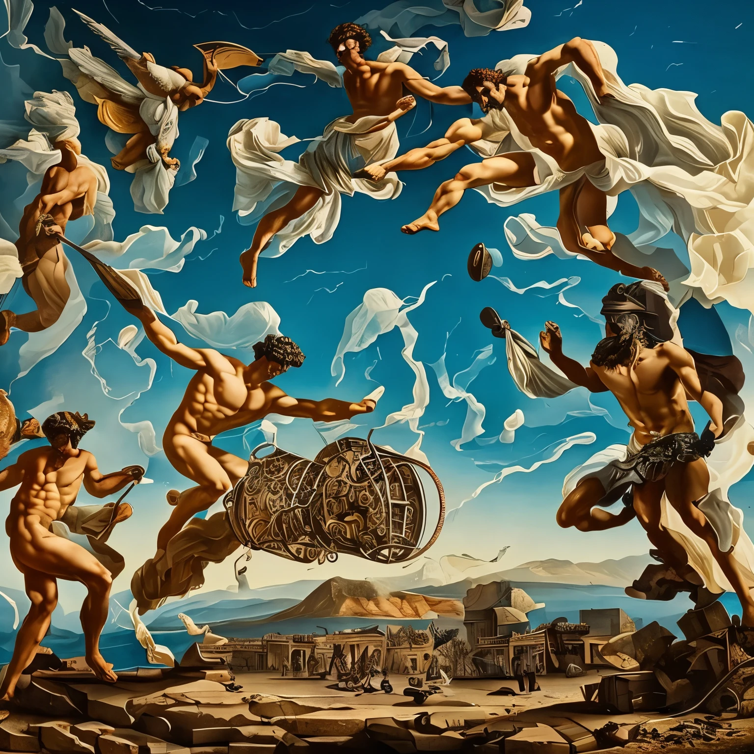 a poster with a surrealist illustration of a cracked Greek style broken statue of a man with two people throwing a bucket of paint at the statue psychedelic and meteors falling from the sky in an isolated place post apocalyptic psychedelic style experimental surrealist style