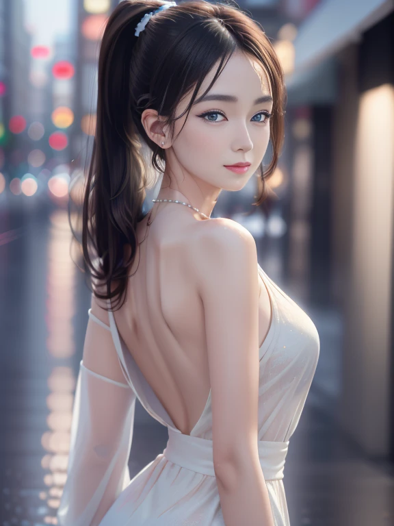 From the side, hip up,((Adilynn)), sideways pose, random posture, night time, (An extremely delicate and beautiful work), (masterpiece), 1 girl, street wear, very detailed, Distorted ponytail, attractive expression, beautiful and clear eyes, blue eye pupil, delicate pearl necklace, Delicate earrings background blurred, extreme details, beautiful, attractive, Ultra-fine painting, delicate face, delicate figure, thin clavicle, nice lips, soft back, mix 4,(8K, RAW photo, highest quality, masterpiece:1.2), (realistic, photo-realistic:1.37),1 girl,cute,cityscape, night, rain, Wet, professional lighting, photon mapping, radio city, Physically based rendering