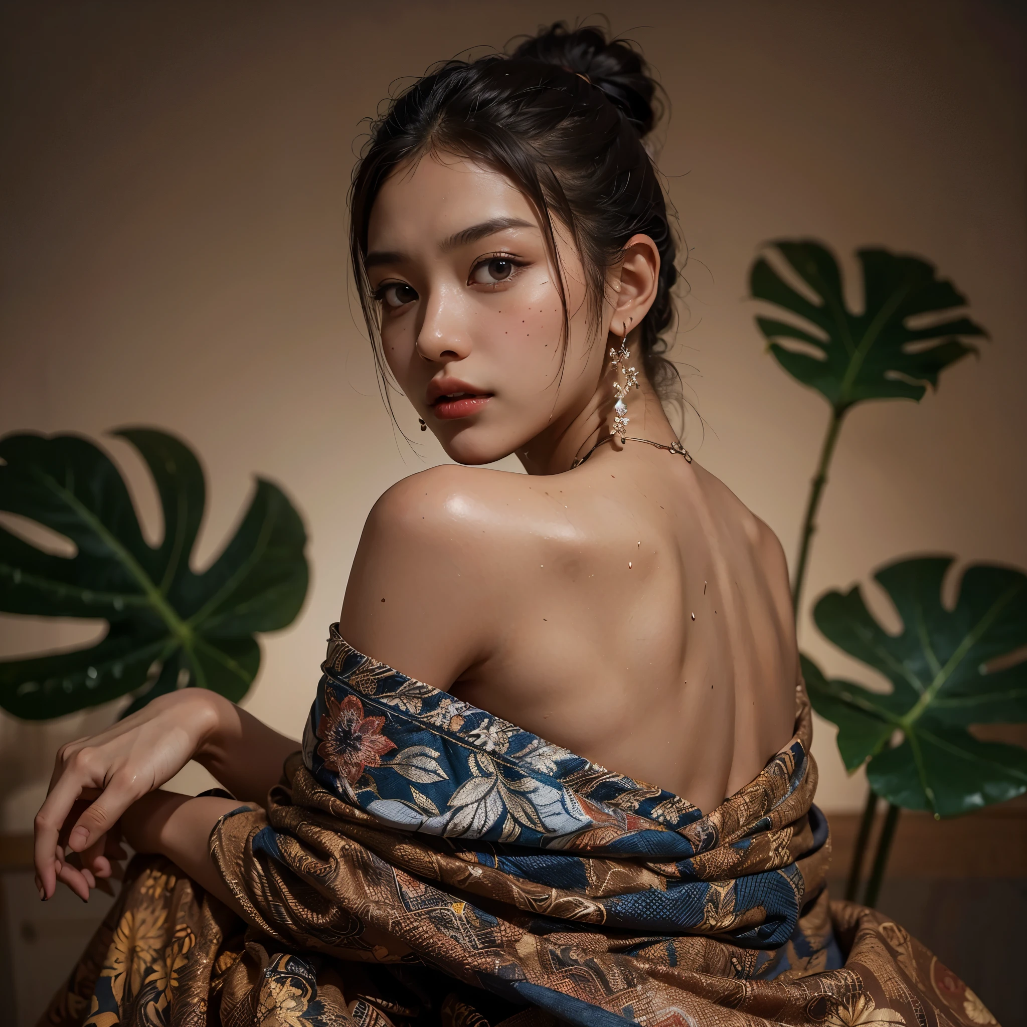 arafed woman in a dress sitting on a chair with a plant, beautiful oriental woman, high - end fashion photoshoot, asian woman, editorial fashion photography, by Basuki Abdullah, fashion photography, editorial model, by Galen Dara, beautiful asian woman, editorial photography, editorial image, batik, an asian woman, draped in flowing fabric, fashion editorial photography, (((sexy back))), (masterpiece, best quality:1.2),(8k,highres,RAW photo,realistic,photo-realistic:1.3),(detailed skin texture,detailed cloth texture,beautiful detailed face:1.25),professional lighting,photon mapping,beautiful soft light,radiosity,physically-based rendering,model shoot style, model shoot style, (extremely detailed CG unity 8k wallpaper), full shot body photo of the most beautiful artwork in the world, complex 3d render ultra detailed, looking at viewer, 18 yo, wet hair, real human skin, vibrant details, hyperrealistic, beautiful, octane render, an extremely delicate and beautiful, extremely detailed ,CG ,unity ,wallpaper,Amazing, finely detail,official art,extreme detailed eyes, (perfect face), shiny skin, colorful, highest detailed, vibrant colors, ultra high res, (high contrast), intricate, lens flare