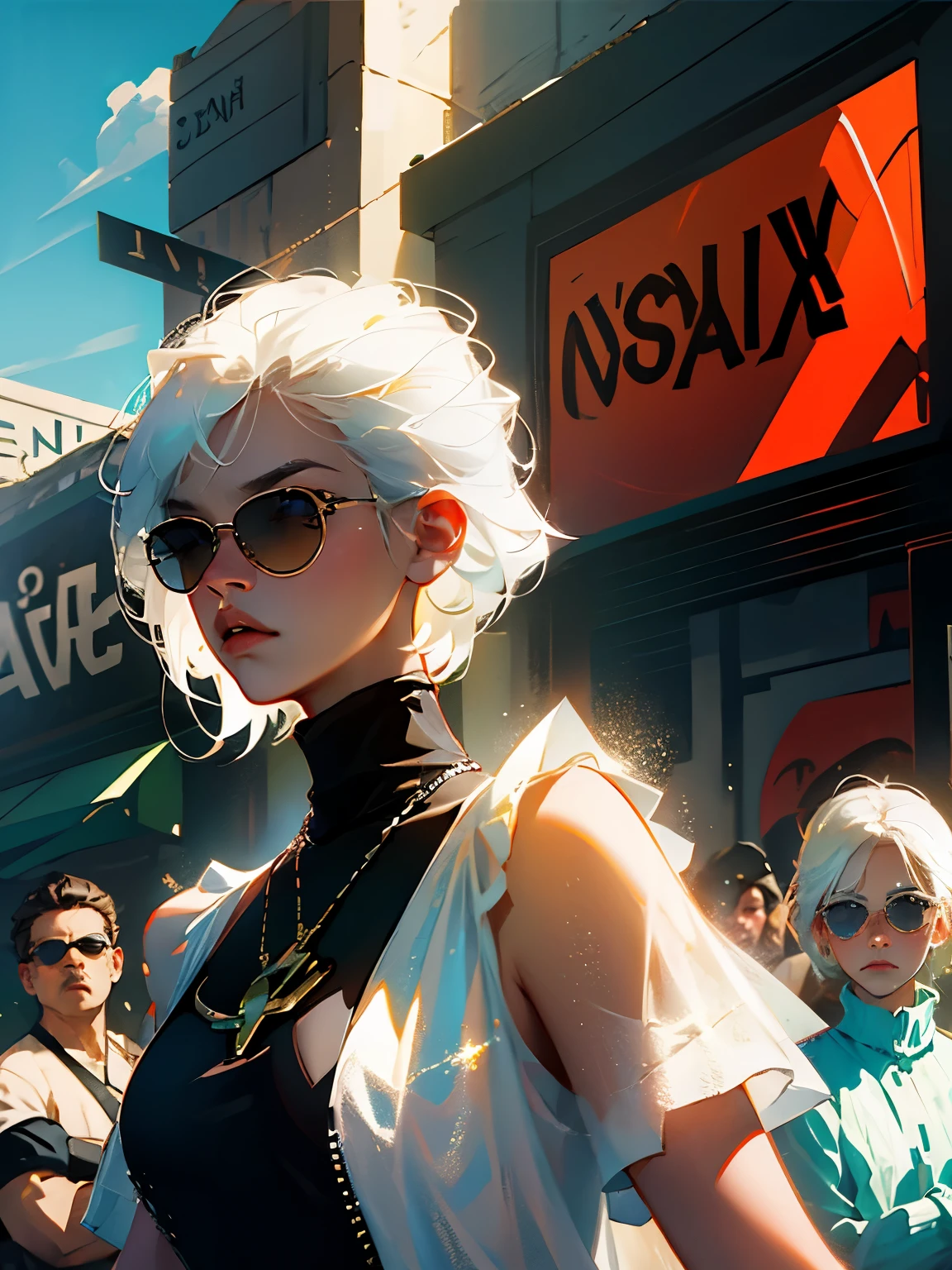 Masterpiece, best quality, cinematic light, dynamic light, 1 boy, white hair, short hair, sun sunglasses, black tank top, sign holding pose
