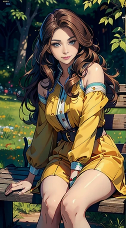 (masterpiece), best quality, beautiful detailed hair detailed face, ((1 woman, solo)), full-body portrait, magazine cover, perfect feminine face, very stunning woman, smiles, outdoor, sit on the bench, colorful outfit, chesnut brown hair, flowing long hair, green eyes
