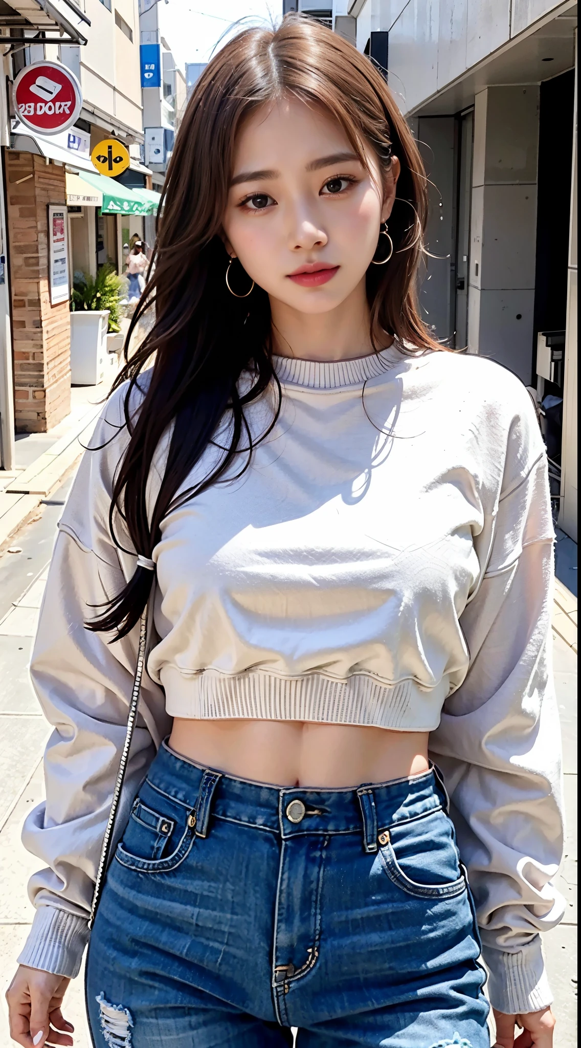 realistic, High resolution, 1 female, glowing skin, alone,, jewelry, pink lip,  closed mouth, hip up,  street wear,skin as white as an antique,Snow muscles,20-year-old,K-pop Idol,embarrassed face,attractive face,In town,brown eyes