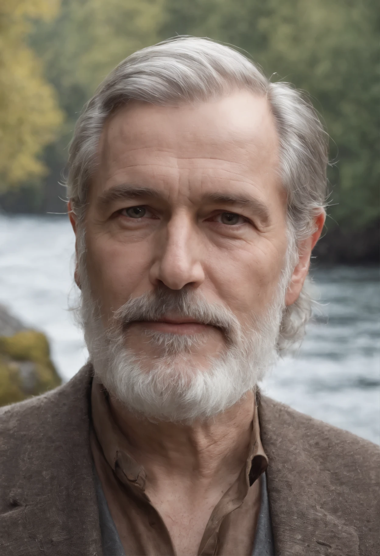 (randal)((1man, gray hair, ((realistic)), ((photorealistic)),((high-res, masterpiece, best quality, cinema lightinasterpiece, best quality:1.2), upper body, solo, (masterpiece:1.4),(best quality:1.4),(absurdres:1.4),((masterpiece:1.2, best quality:1.2, best details:1.2, 4k)), a portrait of Dr. Light, older man, big bushy beard, standing in front of a river in canada