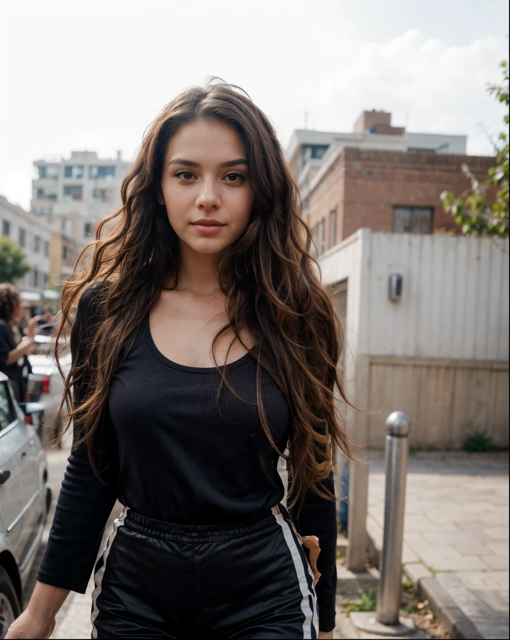 one beautiful woman, oval face, senseful lips, big brown eyes, 30 years old, slim sporty body, middle size breast, outside in a city, 1/2 body, front view, long curly hair, wearing fashionable clothes, clothes are whole and consitant, no text, sunny weather, backgorund blurred, sefie shot, cinematic lighting, motion blur, film grain, very detailed, 30 years, natural curly brown hair, dark brown eyes, high-res, masterpiece, best quality, intricate details, highly detailed, sharp focus, detailed skin, realistic skin texture, texture, detailed eyes, professional, 4k, 85mm, shallow depth of field, kodak color vision, perfect fit body, extremely detailed, photo_\(ultra\), photorealistic, realistic, post-processing, maximum detail, roughness, real life, ultra realistic, photorealism, photography, 8k uhd, photography (grain of film) medium shot for closeup shot, longer slimer face, perfect face, long oval lovely face, dark brown eyes, (((VERY CURLY))), deep charming look, deep brown charming eyes, flirty look, perfect face