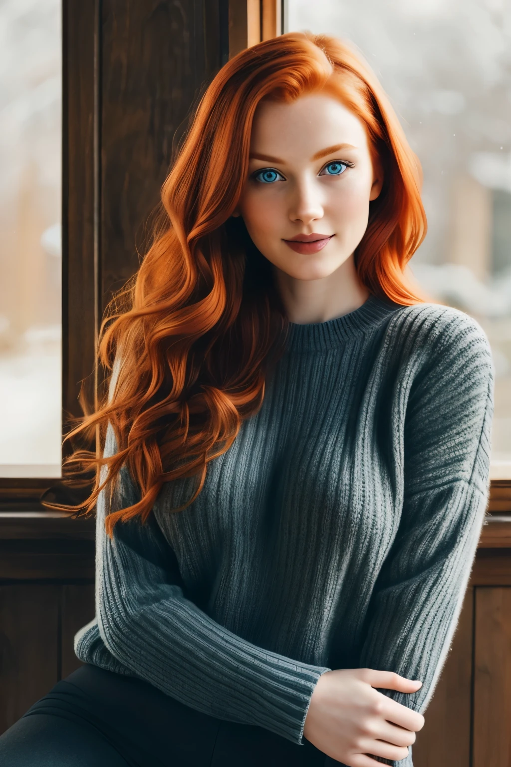 1girl in, age25 redhead, Solo, Aesthetic artwork, wavy ginger hair, shoulder length ginger hair, mesmerizing blue eyes, looking at viewer, coy smile, alluring, exuding warmth, pale skin, B-cup, medium sized breasts, runners body, detailed skin texture, sitting in a coffee shop, cozy vibes, in winter next to a chimney (extremely detailed 8k wallpaper), soft lighting, high quality, film grain, Fujifilm XT3 sharp focus, f 5.6, 50mm, High Detail, Sharp focus (natural light), tight black sweater, black pants, crazy details, complex details, hyper detailed face
