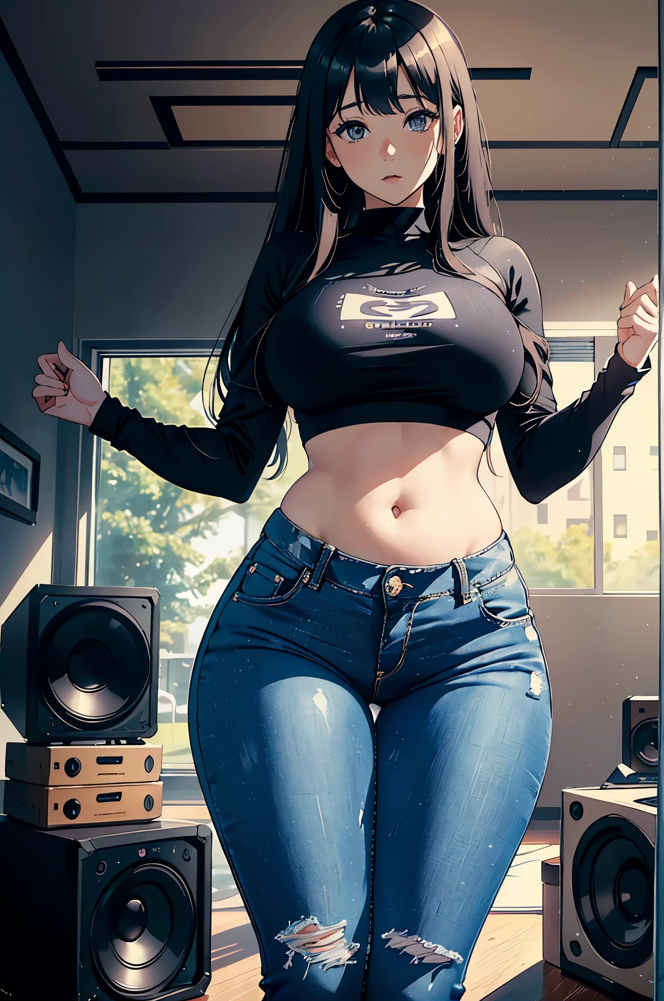 (Hinata Hinata, Very , wearing tight clothes, big, Thick legs, Wearing extremely tight jeans, wearing a mini shirt, There leakage in the belly button, long hair, Speakers at the back, Very realista, Very, 8k, 8K extremely detailed), (extremely delicate and beautiful), (masterpiece), (better quality: 1.0), (ultra high definition:1.0)