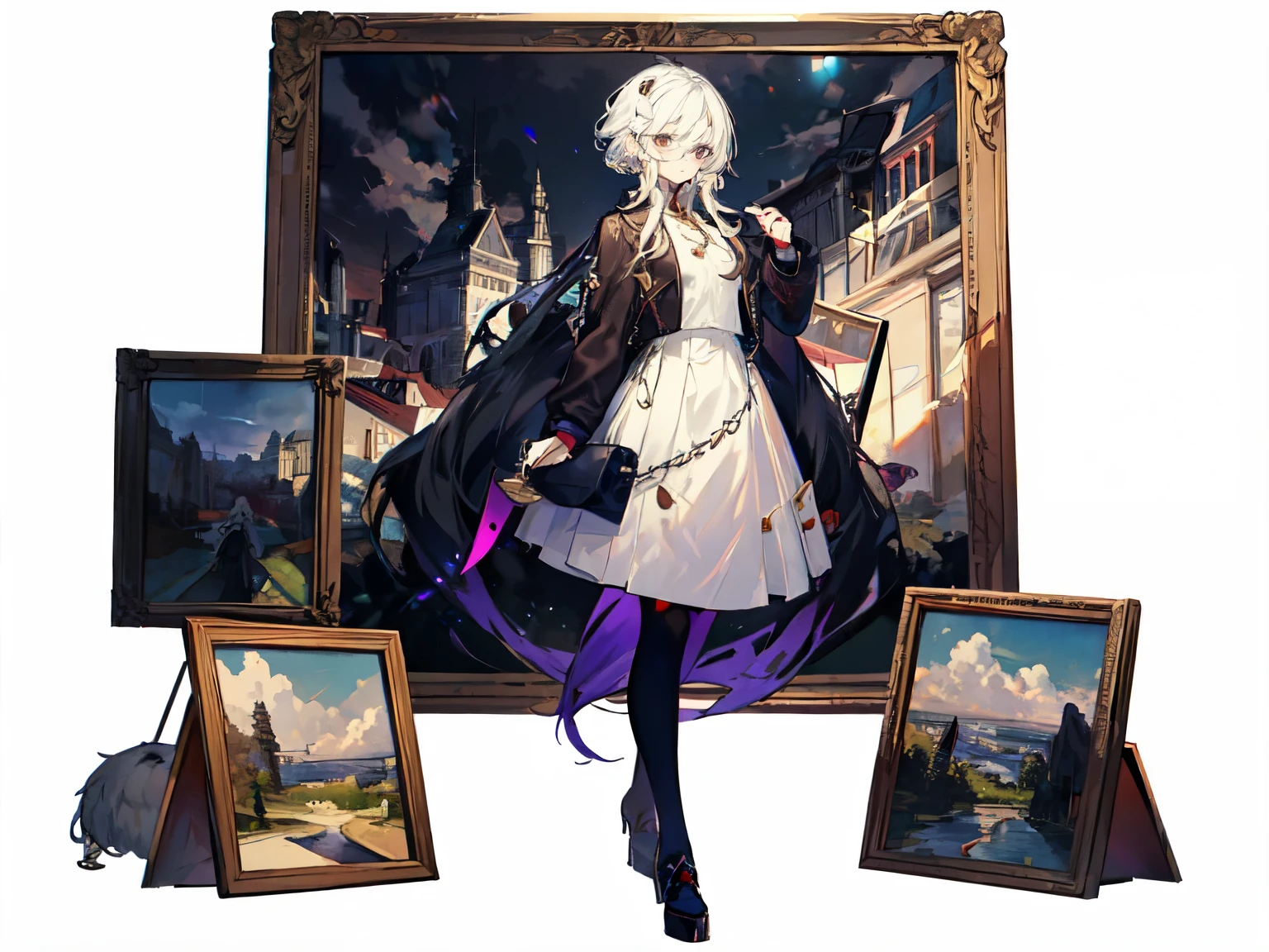 masterpiece, concept art, center,vertical painting，white hair，white ear，purple evening dress，long skirt，show legs，Lolita，Two dimensions，White background