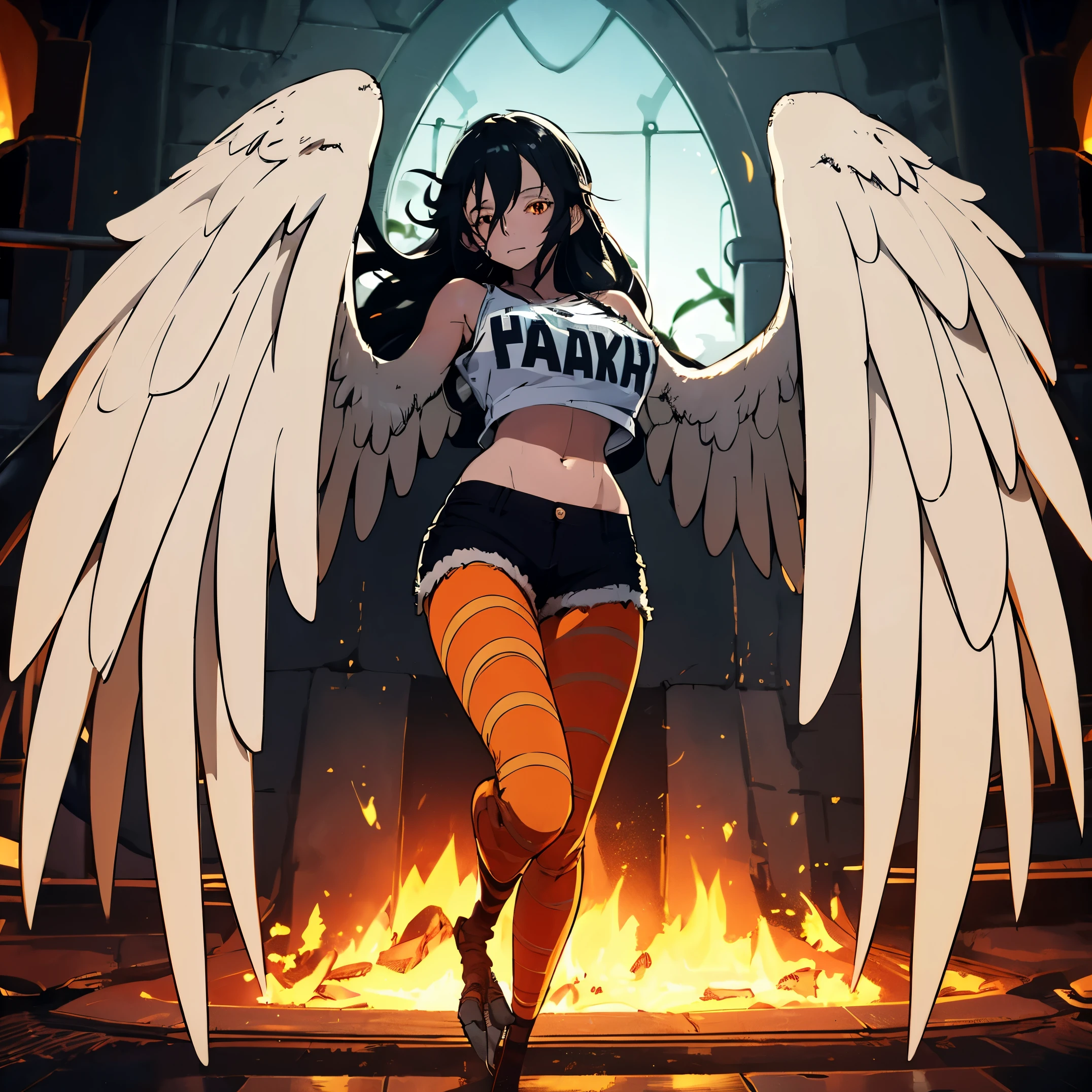 beautiful, masterpiece, best quality, extremely detailed face, perfect lighting, harpy,long hair, black hair,hair between eyes,bangs,very long hair,orange eyes, 1girl, short shorts, crop top, large breasts, full body shot,