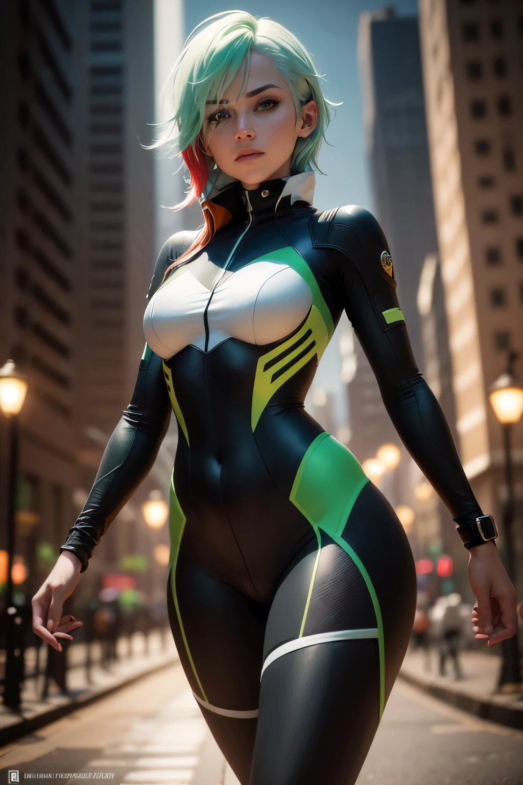gwen tennyson,1girl,tracer,elsa,rebecca chambers,overwatch,gundam,close up, mecha pilot,racetrack,white and red plugsuit,hair pin,pirate corset,white long sleeve lycra top,orange leggings,short hair,cute makeup,green eyes,orange hair with highlights,shy smile,freckles, redhead,beautiful girl,large breasts,ultra detailed,realistic,fantasy art,gaming headset,pilot jacket,racing car,from behind,