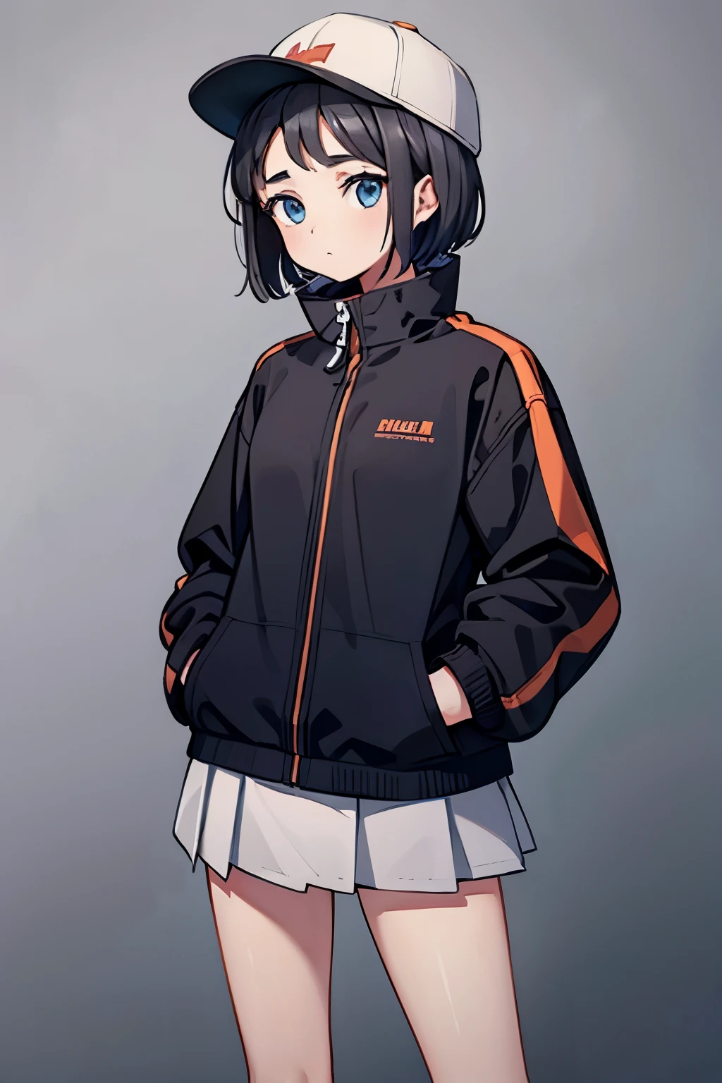 (((masterpiece, illustration, best quality))), 1girl, solo, blue eyes, ((detailed eyes)), looking at viewe, ((short hair)), ((black hair)), standing, ((baseball hat)), white headwear, upper body, black jacket, Closed sweater, ((Scenenary:white background)), black socks, ((black shirt)), perfect body, fit body, (closed mouth), ****, (hands in pockets), waterproof jacket, skirt white