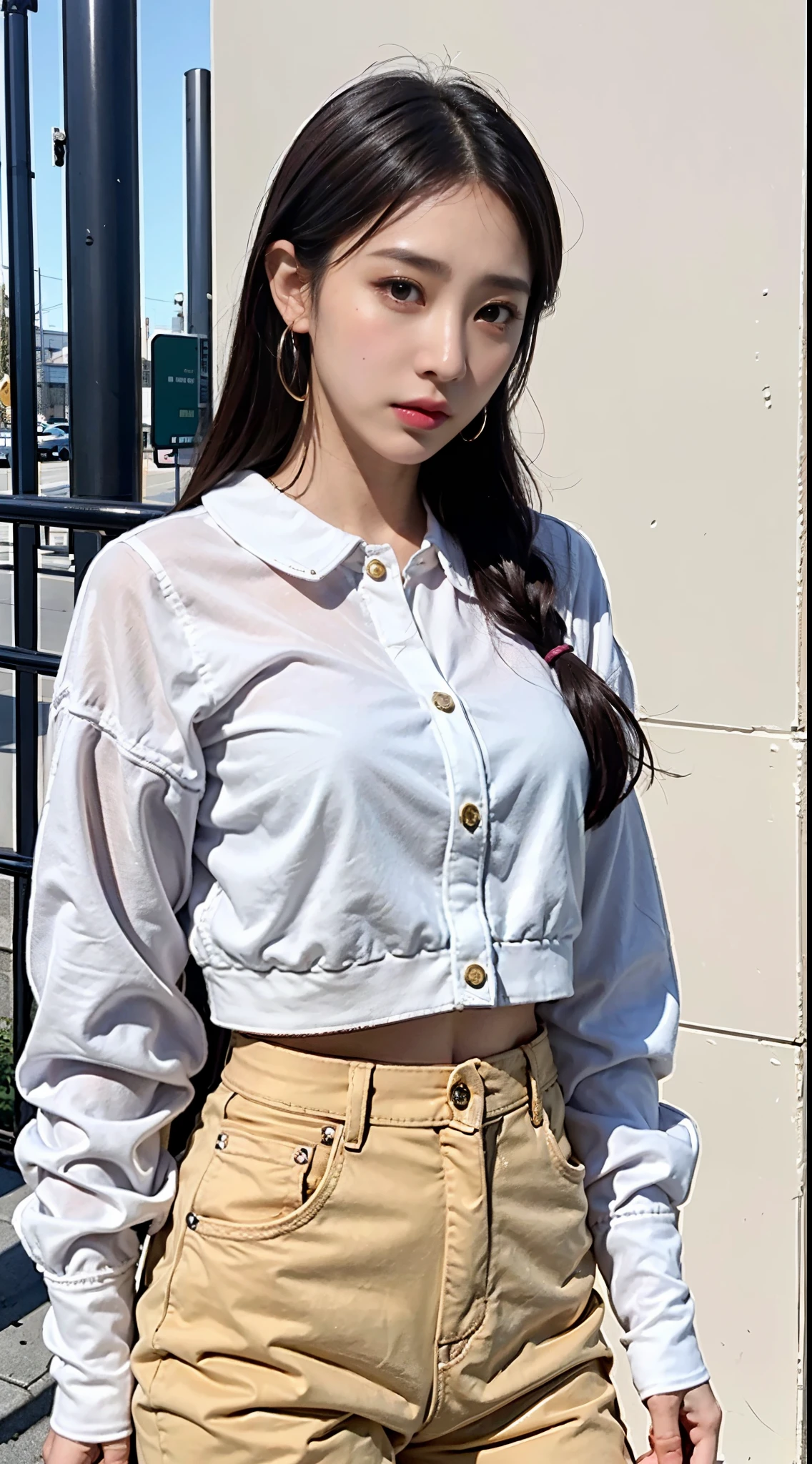 realistic, High resolution, 1 female, glowing skin, alone,, jewelry, pink lip,  closed mouth, hip up,  street wear,skin as white as an antique,Snow muscles,20-year-old,K-pop Idol,embarrassed face,attractive face,In town,brown eyes