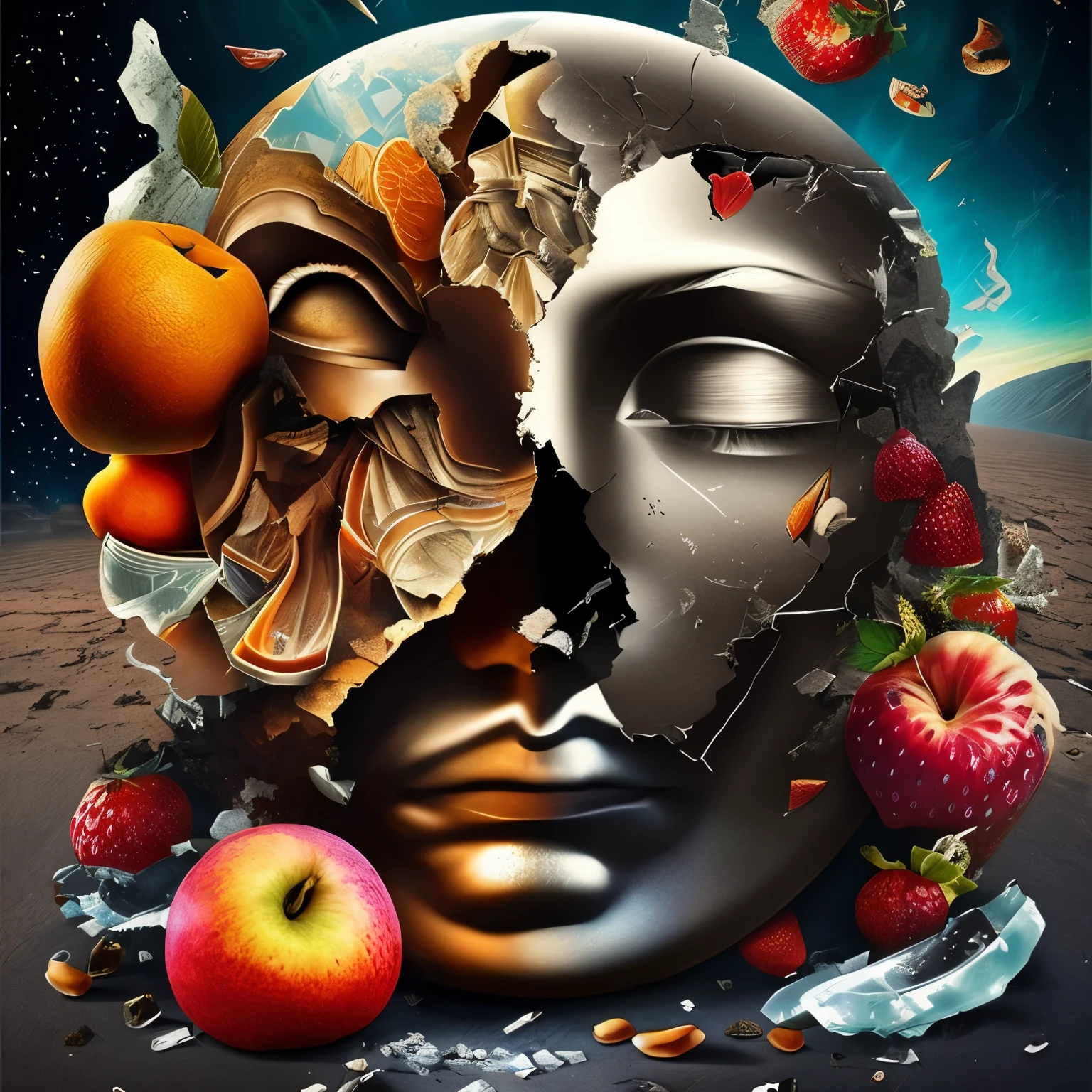 a poster with a surrealist illustration of a face of a cracked Greek style broken statue of a man in a psychedelic suit and fruits falling from the sky in an isolated place post apocalyptic psychedelic style experimental surrealist style