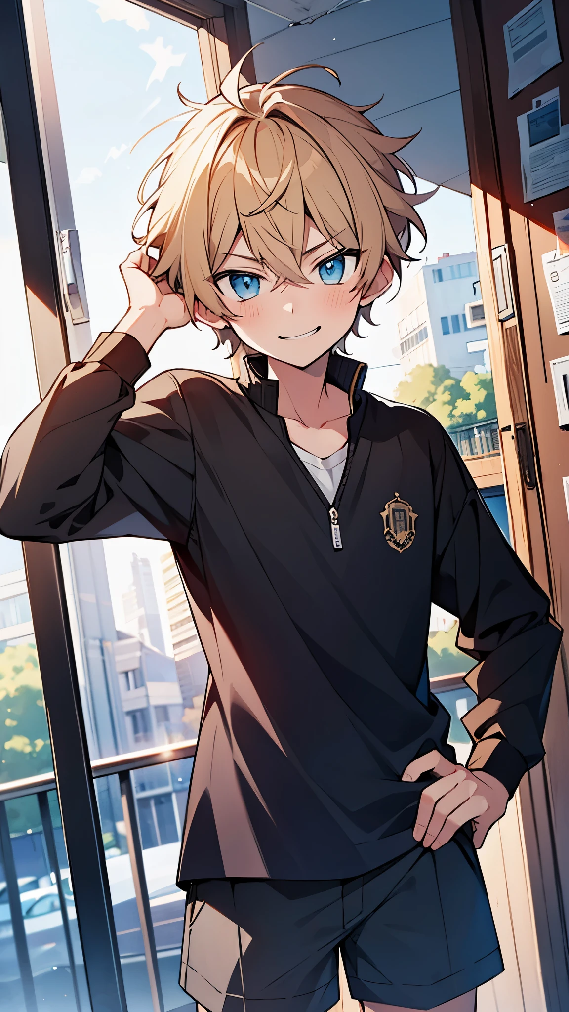 ,highres,wallpaper,solo,original,illustration,blue eyes,ymasterpiece,male,male focus,school,student,boy, ((masterpiece)),(((best quality))), (high-quality, breathtaking), (expressive eyes, perfect face), 1boy, solo, male, short,street, nsky, day,shorts, smirk,black shirt,short hair:1.2,少年,better hands