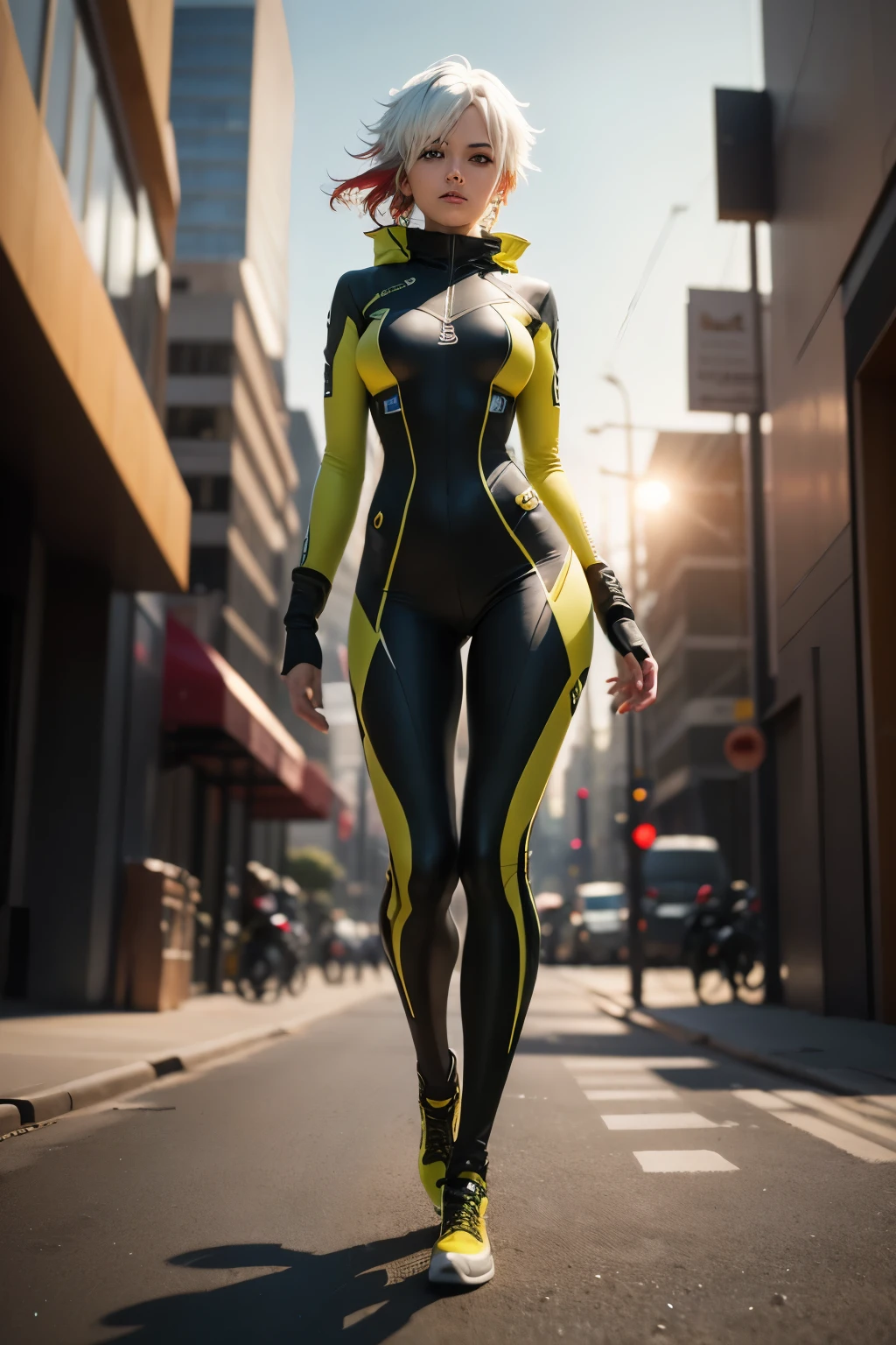 Rogue unsing leg sexy original suit style in full body in foot circle, fantasy, style green and yellow suit, ((red and white hair)), city background, , 30-megapixel, 4k, Canon EOS 5D Mark IV DSLR, 85mm lens, sharp focus, intricately detailed, long exposure time, f/8, ISO 100, diffuse back lighting, award winning photograph, facing camera, looking into camera, monovisions, perfect contrast, High sharpness, facial symmetry, depth of field, ultra-detailed photography, raytraced, global illumination,