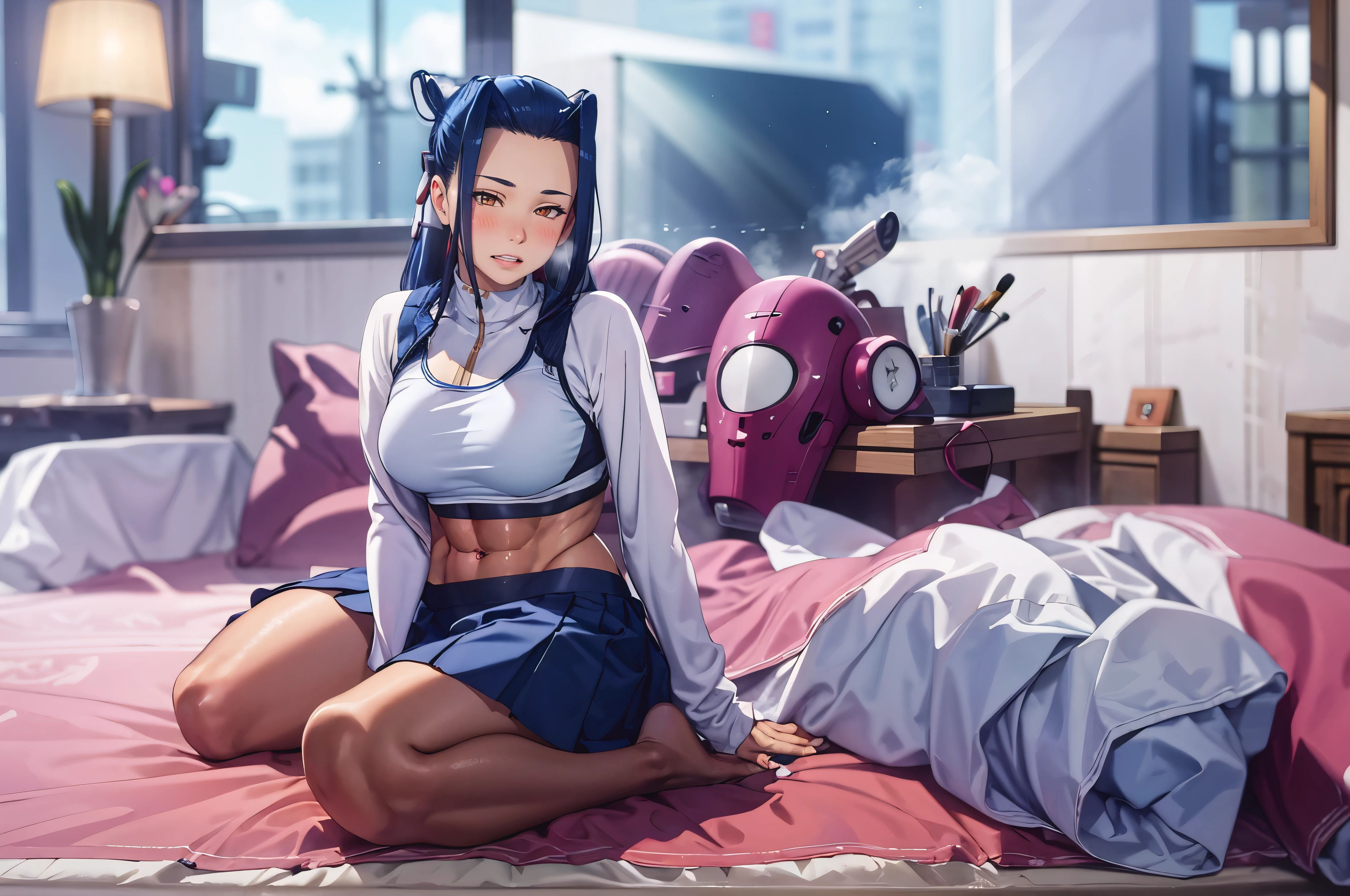 blue hair, ponytail, brown eyes, breasts, epic art, fantasy, breasts, solo, (shaded face:1.2), hollow eyes, (x-shaped eyes, symbol shaped eyes, cross eyes), looking at viewer, embarrassed, lips, makeup, brown eyes, blush face, steaming face, clenched teeth, 1girl, sportswear, skirt, navel, blurry, sweat, looking_at_viewer, abs, breasts, lips, toned, sports_bra, blurry_background, black_skirt, dim light, bedroom, forehead
