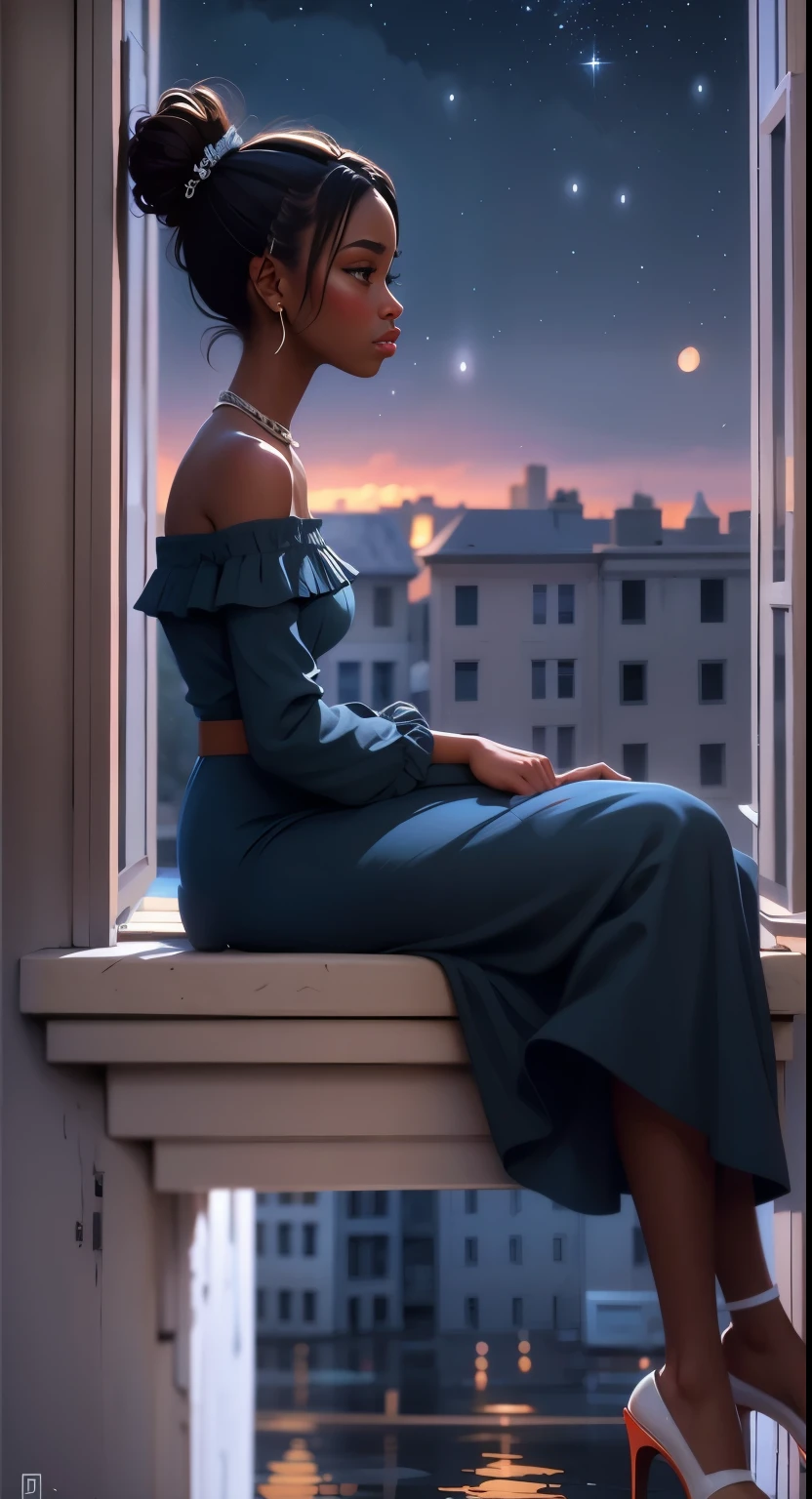 masterpiece, best quality, side profile of an extremely delicate and beautiful girl with dark skin, wearing an off the shoulder dress, resting on a windowsill, nightcore, world masterpiece theater, ultra-detailed, highly detailed, highres, extremely detailed,1girl with dark skin ,illustration, looking at the night sky, beautiful interior and exterior, impasto, canvas, oil painting, realistic, storybook style art, cozy atmosphere, hand fisted in her lap