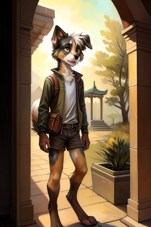solo, ((Australian shepard)), male, slender, ((twink)), detailed, uploaded to e621, beautiful and detailed portrait of an anthropomorphic boy, short hair, kenket, uploaded to e621, digitigrade legs, fluffy detailed fur, fluffy tail, (detailed black eye liner, black eyeshadow), visible breath, (clothed, wearing travel gear), sweaty, temple, amazed expression,