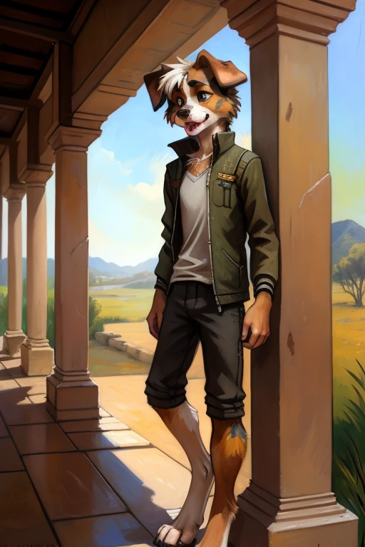 solo, ((Australian shepard)), male, slender, ((twink)), detailed, uploaded to e621, beautiful and detailed portrait of an anthropomorphic boy, short hair, kenket, uploaded to e621, digitigrade legs, fluffy detailed fur, fluffy tail, (detailed black eye liner, black eyeshadow), visible breath, (clothed, wearing travel gear), sweaty, temple, amazed expression,