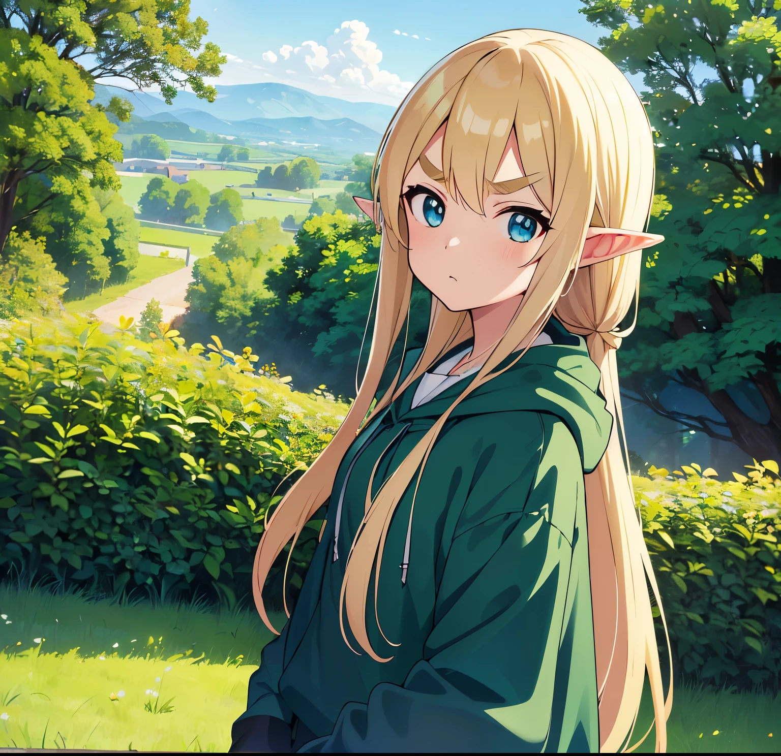 ((masterpiece)), ((high details)), ((best quality)), (((high quality)),1 girl,anime girl front of a fence,anime scenery of a field with a tree and a fence, anime countryside landscape,anime nature wallpaper,unity 8k,afternoon time, high quality anime movie still,the anime film, anime best girl, k-on!, ((Kotobuki Tsumugi)),(((archer))),((bow)),(elf ears), blond hair, long hair, thick eyebrows,((blondeyebrows)), very light blue eyes,((green hood cover hair)),(white corset pants:0.8),serious face,dutch angle, from side, cowboy shot,