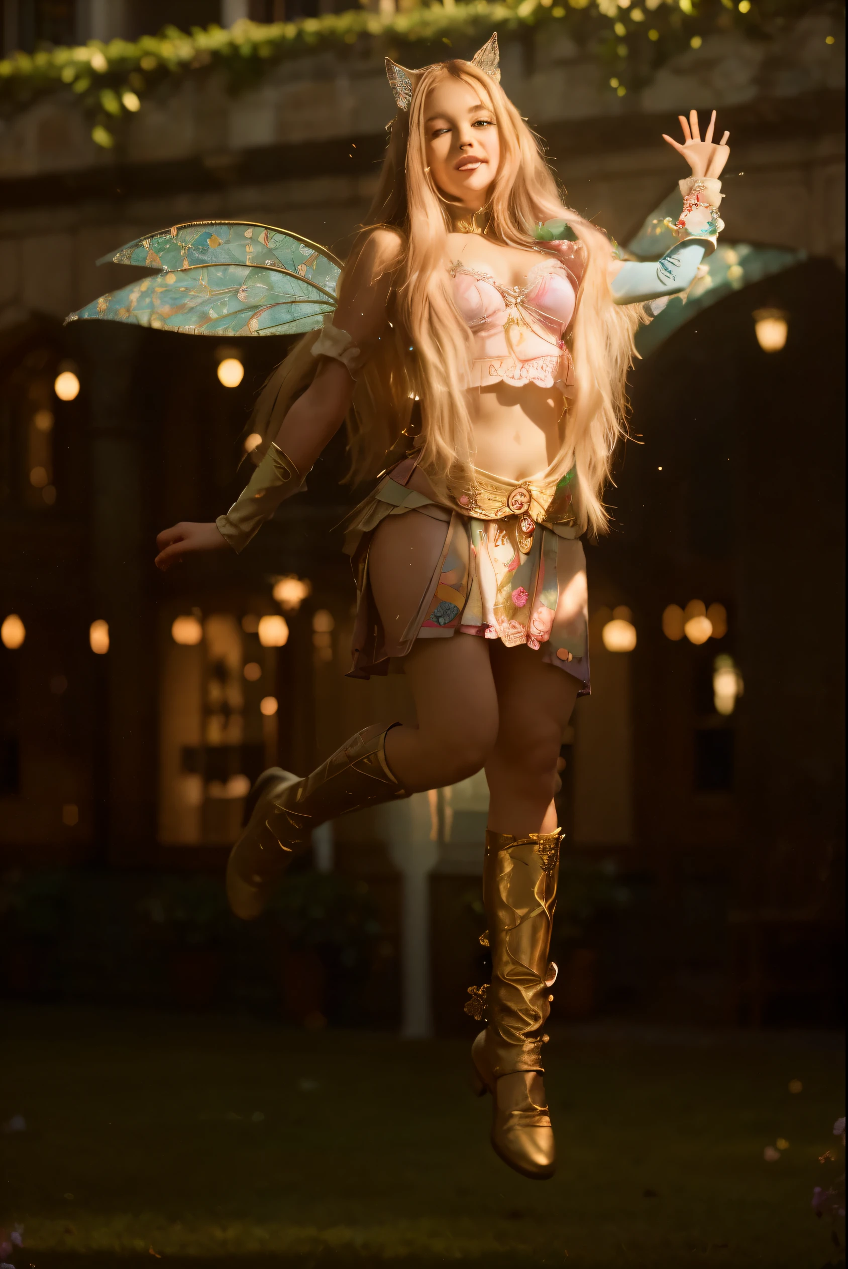 (Best quality, 8k, 32k, Masterpiece, UHD:1.2) "Transform the image into the enchanting College for Fairies from Winx Club. Imagine the picturesque campus, showcasing the Alfea school's magical architecture, gardens, and fantastical surroundings. Highlight the vibrancy and ethereal beauty of the college, featuring iconic locations such as the Hall of Enchantments, outdoor gardens, and classrooms imbued with mystical elements. Utilize vivid colors, sparkling details, and whimsical designs to evoke the magical essence of the Alfea school, capturing the sense of wonder and enchantment that defines the Winx Club universe." jumping, character is jumping