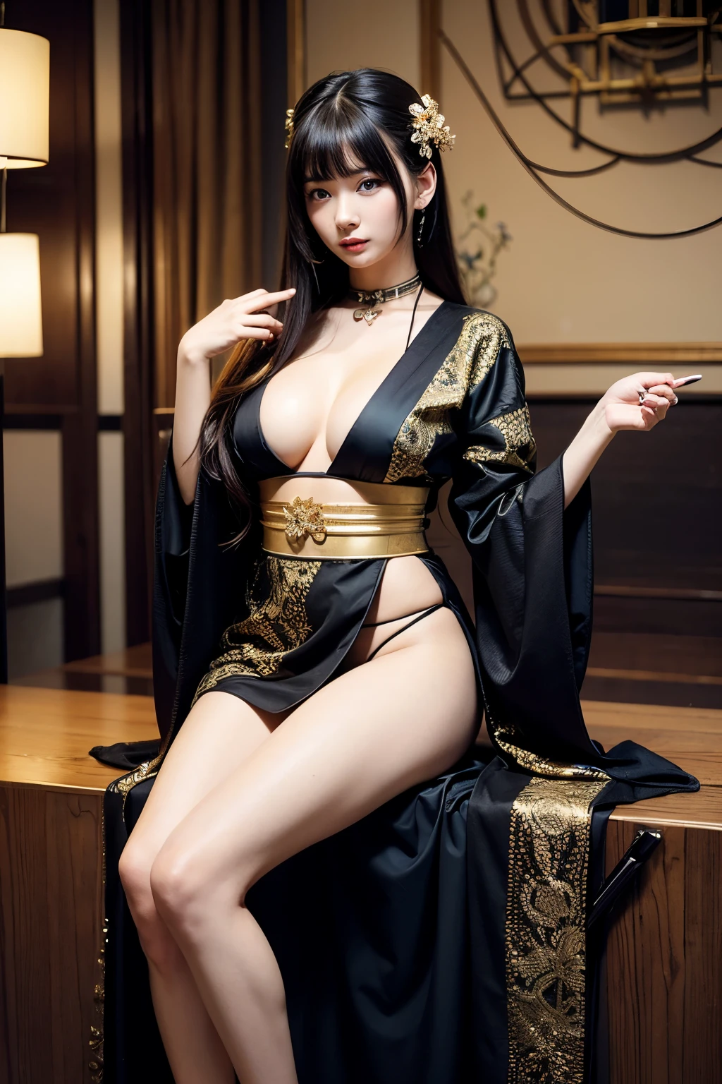 a photograph of a full-body portrait of a black-haired lady with beautiful hands and detailed fingers, a Japanese odango hairstyle with gold hair ornaments, a sexy lady in a revealing black floral kimono with B-cup boobs, a chillum in one hand, Sakura from Goddess of Victory: Nikke, 4k cinematic wallpaper, anime 8K, sexy lady, Goddess of Victory: Nikke art, anime wallpaper, anime wallpaper 4k, highly detailed exquisite fanart, Detailed key anime art