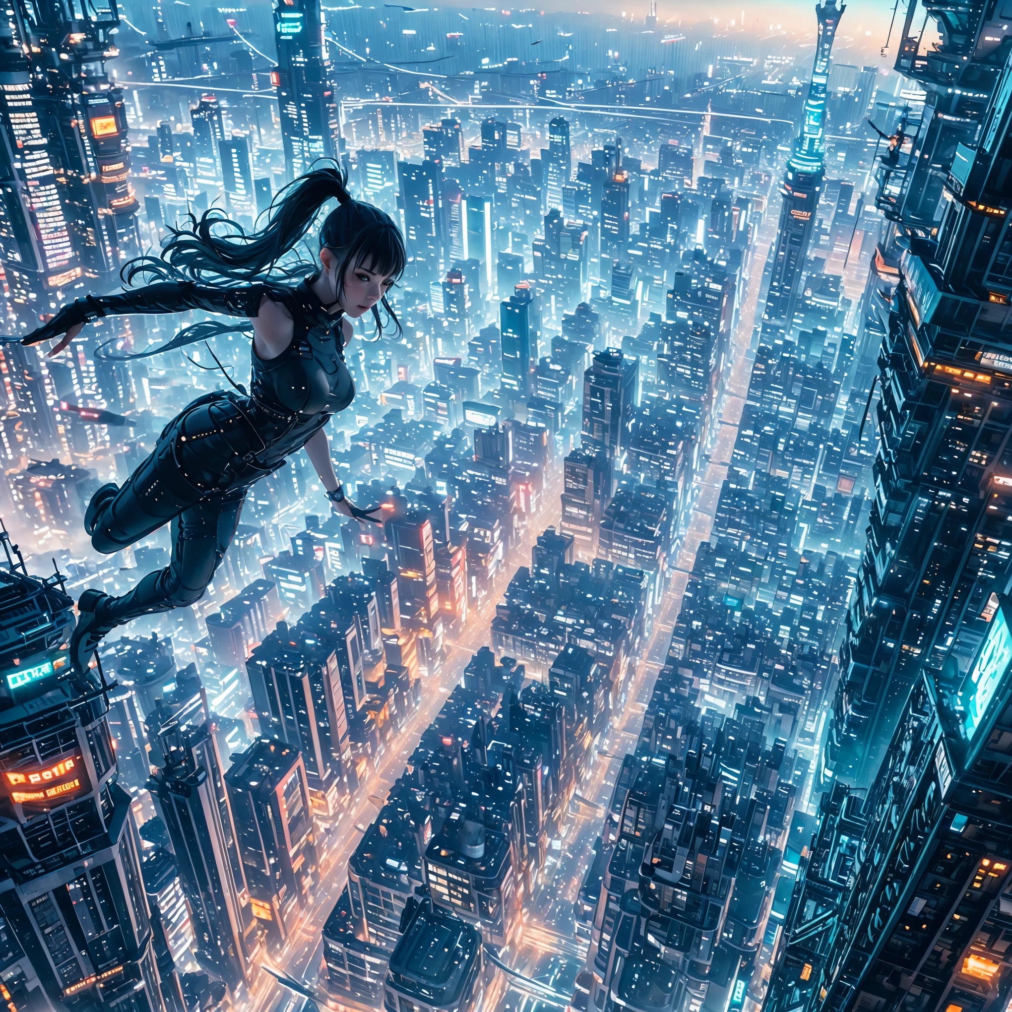 (ultra-detailed, masterpiece:1.2), extremely detailed artwork, best quality, high-resolution, hyper-realistic:1.37, attractive girl, breathtaking leap, background cityscape, realistic lighting, vibrant colors, elegant dress, flowing hair, graceful posture, mesmerizing expression, captivating eyes, delicate facial features, dynamic movement, bustling streets, towering skyscrapers, busy traffic, glowing neon signs, vibrant city life, breathtaking urban scenery, intricate architectural details, vivid city lights, bustling city ambiance, bustling streets, modern cityscape, urban energy