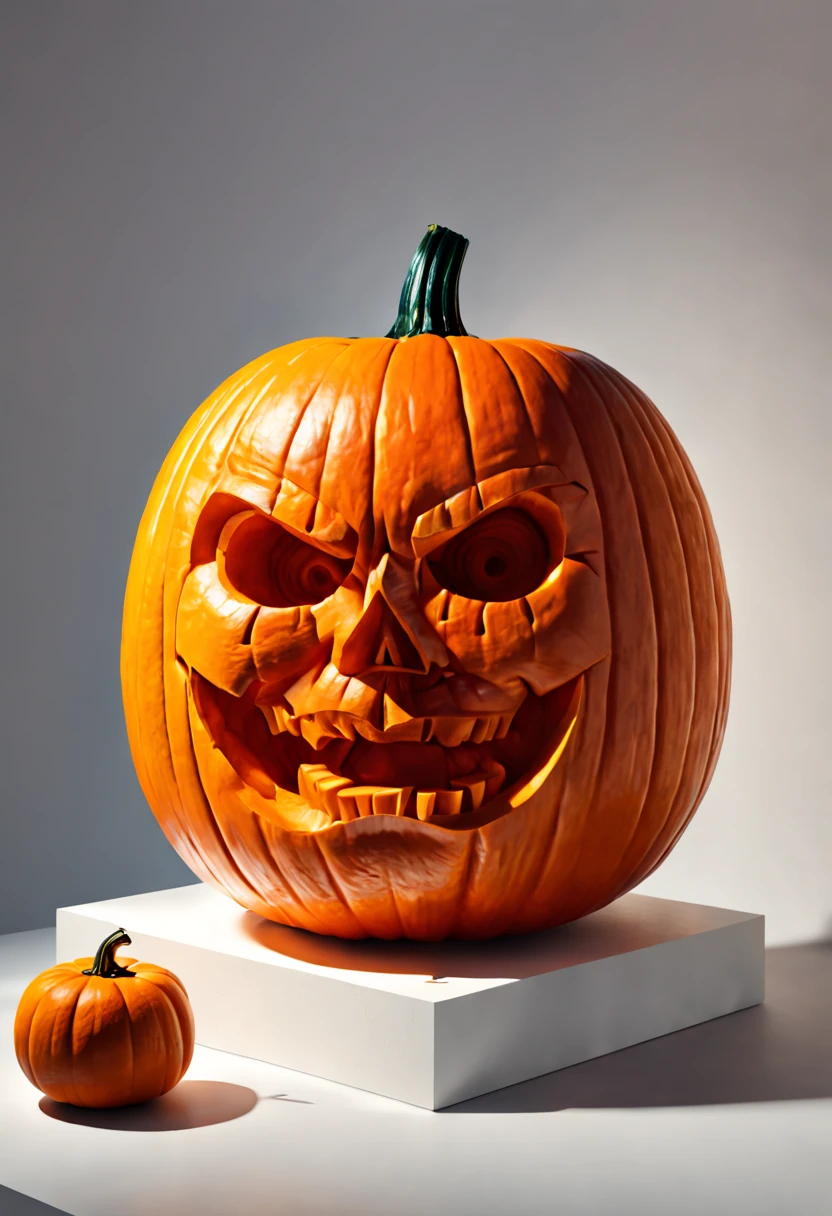 an evil sewn on leather face apple showing its sharp teeth facing a farmhouse doorstep in the early morning