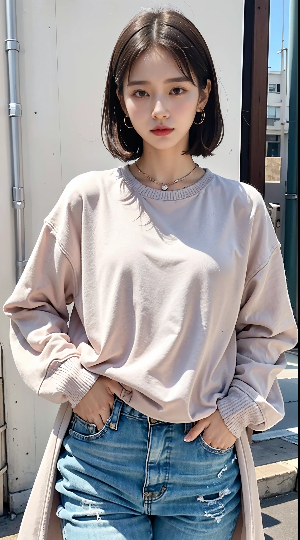 realistic, High resolution, 1 female, glowing skin, alone,, jewelry, pink lip, closed mouth, hip up, street wear,skin as white as an antique,Snow muscles,20-year-old,K-pop Idol,embarrassed face,attractive face,In town,brown eyes