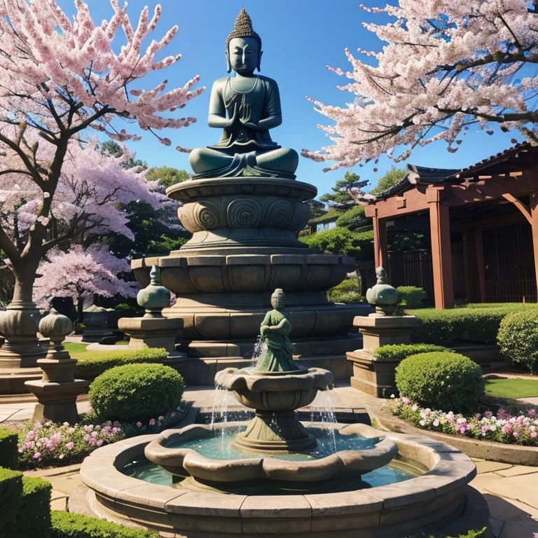 a seramica buddha placed in a garden with a variety of flowers in a charming cherry blossom setting with a fountain on a sunny day