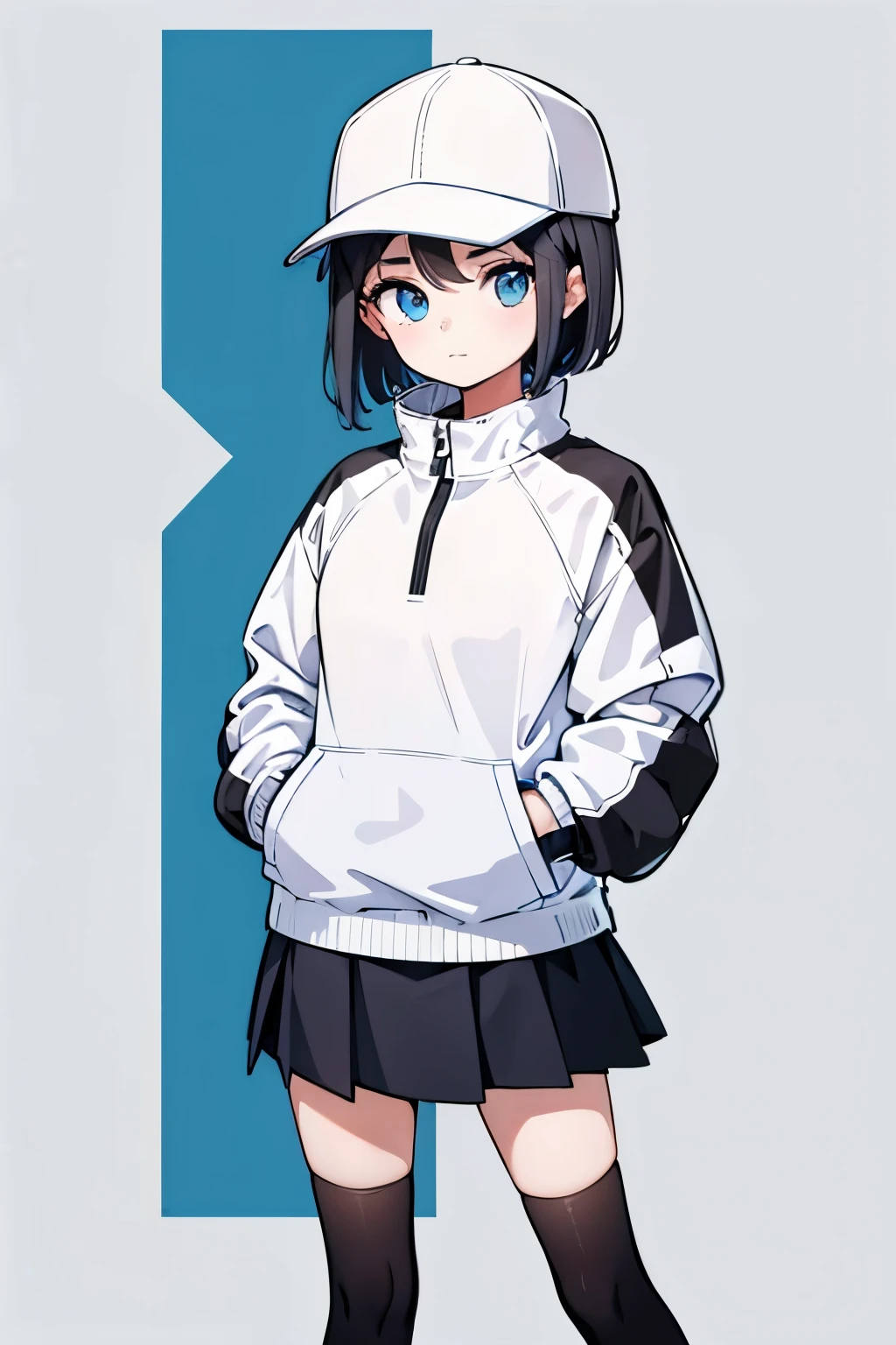 (((masterpiece, illustration, best quality))), 1girl, solo, blue eyes, ((detailed eyes)), looking at viewe, ((short hair)), ((black hair)), standing, ((baseball hat)), white headwear, upper body, white jacket, ((Closed sweater)), ((Scenenary:white background)), black socks, ((black shirt)), perfect body, fit body, (closed mouth), loli, (hands in pockets), waterproof jacket, skirt black