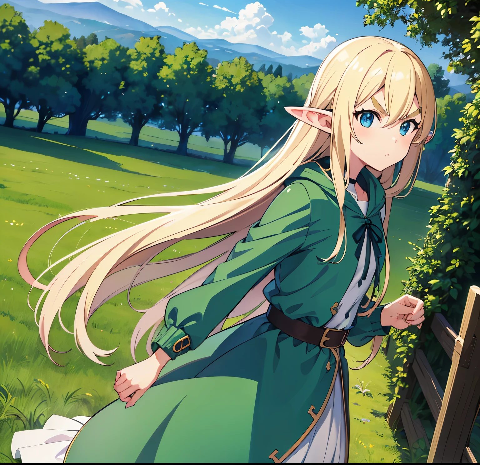 ((masterpiece)), ((high details)), ((best quality)), (((high quality)),1 girl,anime girl front of a fence,anime scenery of a field with a tree and a fence, anime countryside landscape,anime nature wallpaper,unity 8k,afternoon time, high quality anime movie still,the anime film, anime best girl, k-on!, ((Kotobuki Tsumugi)),(((archer))),(elf ears), blond hair, long hair, (thick eyebrows),((blond eyebrows)), (very light blue eyes),green hood cover hair,(white corset pants:0.8),serious face,dutch angle, from side, cowboy shot,