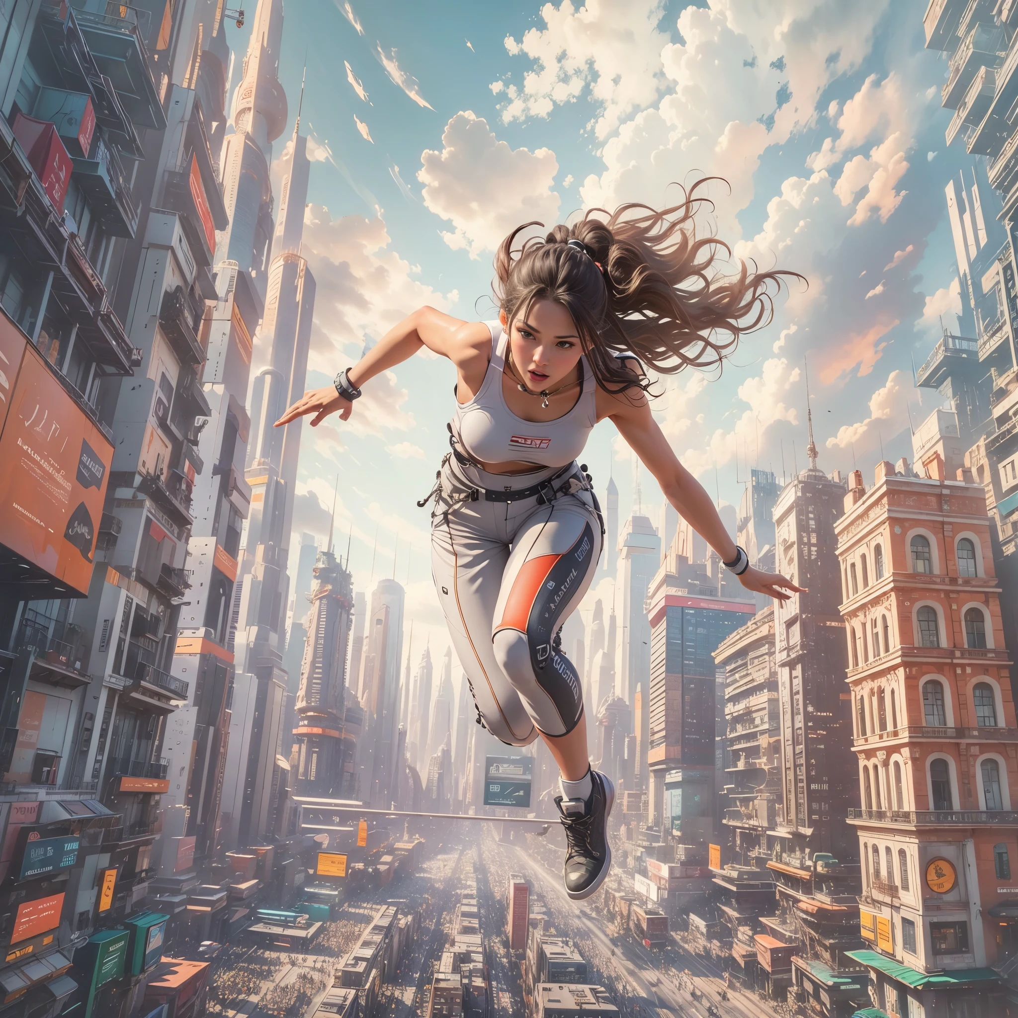 (ultra-detailed, masterpiece:1.2), extremely detailed artwork, best quality, high-resolution, hyper-realistic:1.37, attractive girl, breathtaking leap, background cityscape