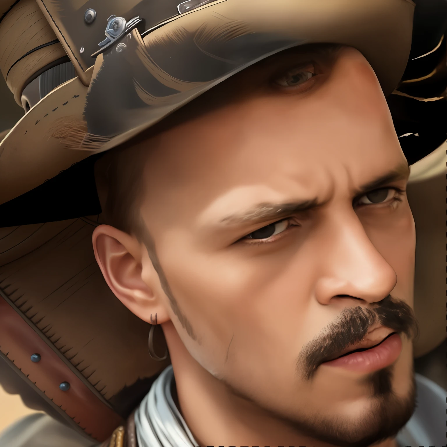 there a man wearing a cowboy hat with a mustache, character portrait closeup, closeup character portrait, character art closeup, hyper detail portrait, detailed character portrait, african jesse pinkman portrait, highly detailed portrait, photorealistic artstyle, epic portrait illustration, highly detailed vfx portrait, detailed portrait, tuomas korpi and wlop, realistic artstyle, cowboy portrait