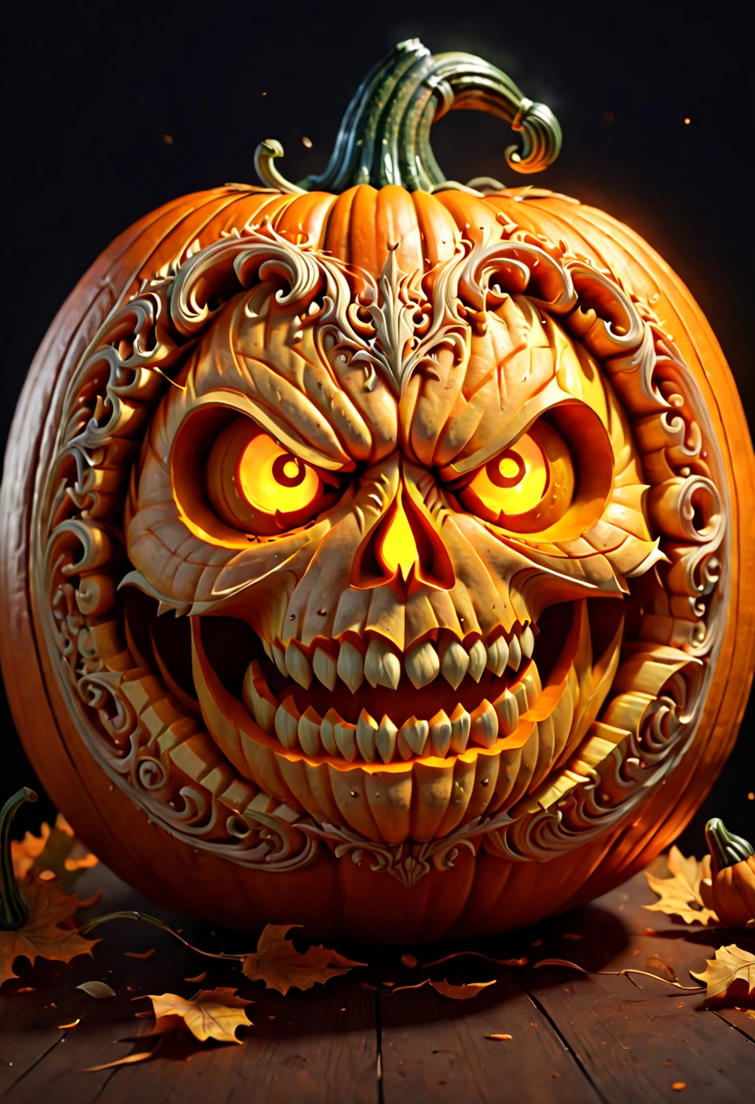 Pumpkin Carving design style, Museum Exhibition Work, Mecha by Katsuhiro Otomo and Yoji Shinkawa Carved on Pumpkin, full body, octane render, (best quality, masterpiece, Representative work, official art, Professional, 8k:1.3)