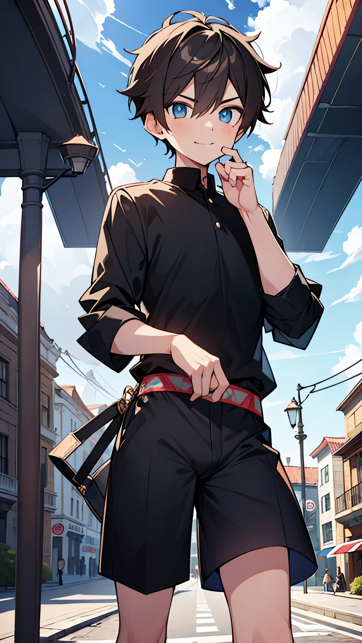,highres,wallpaper,solo,original,illustration,blue eyes,ymasterpiece,male,male focus,boy, ((masterpiece)),(((best quality))), (high-quality, breathtaking), (expressive eyes, perfect face), 1boy, solo, male,on street, sky, day,shorts, smirk,black shirt,short hair:1.2,少年,twink,bulge
