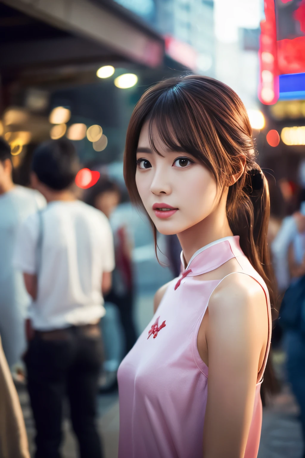 (NSFW)、(Close-up in painting style, ultra-detailed 8K, Masterpiece-level CG wallpapers), Movie level lighting, pretty girl, delicate and beautiful face, dreamy eyes, Gorgeous cheongsam, Standing on the street of a busy Chinese city, delicate posture, fashion illustration、A man rubs his chest、sex、(intercourse with a man)、cry、from the knees up