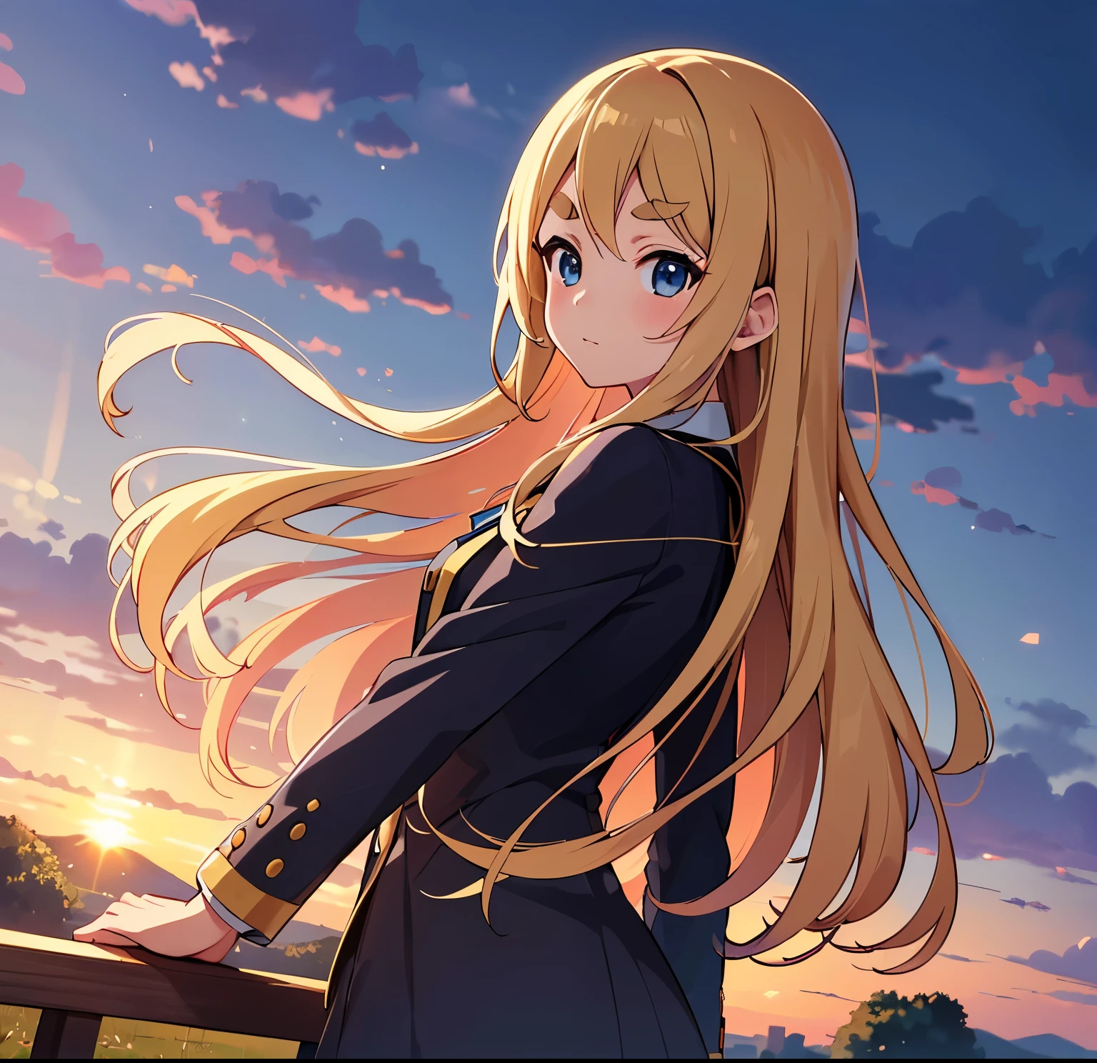 ((masterpiece)), ((high details)), ((best quality)), (((high quality)),1 girl,anime girl in uniform with arms raised in front of a fence,anime scenery of a field with a tree and a fence, anime countryside landscape,anime nature wallpaper,unity 8k,afternoon time, high quality anime movie still,the anime film, anime best girl, k-on!, ((Kotobuki Tsumugi)), blond hair, long hair, (thick eyebrows), (very light blue eyes),dutch angle, from side, cowboy shot, 85mm, f/1.8