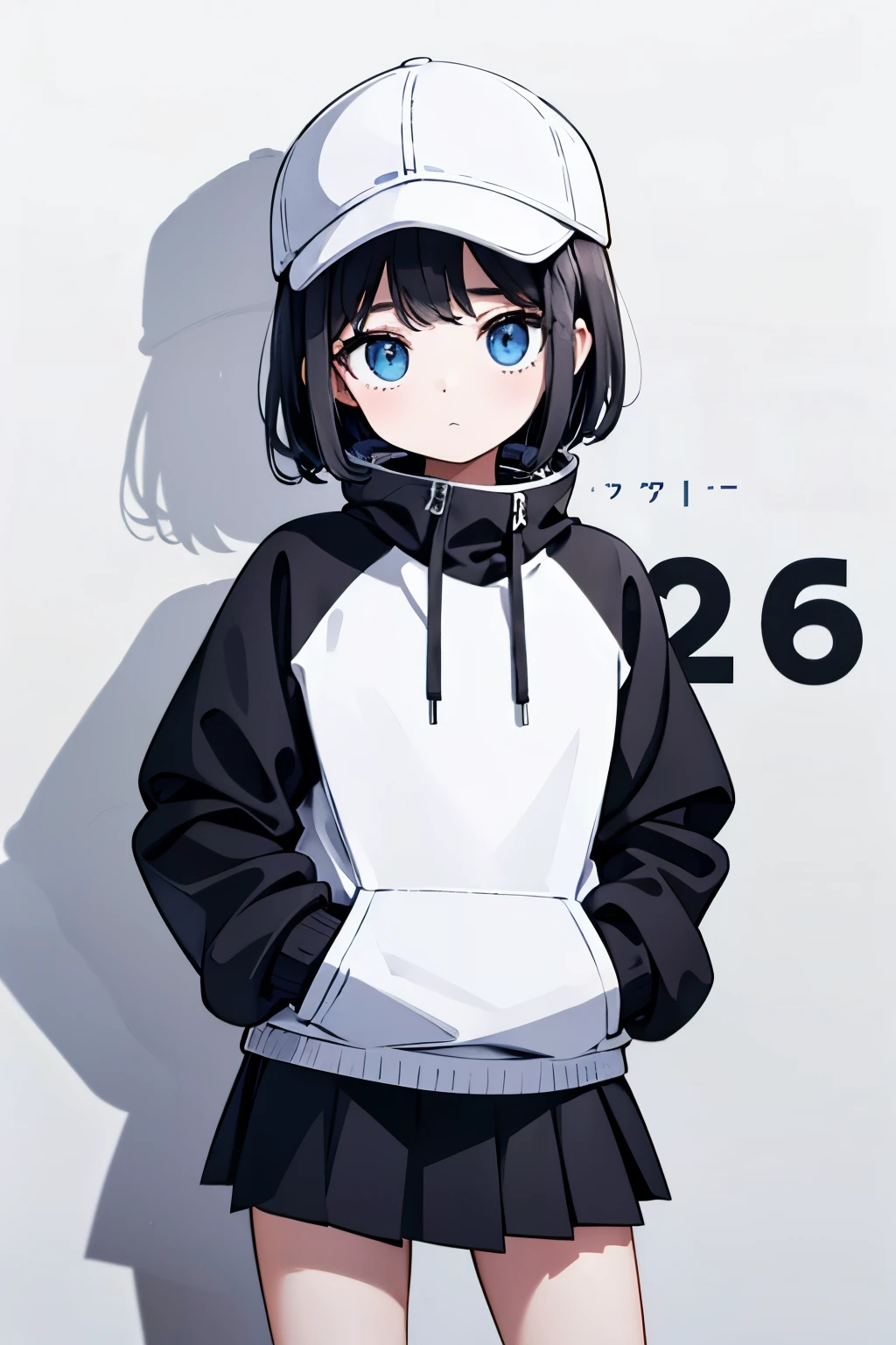 (((masterpiece, illustration, best quality))), 1girl, solo, blue eyes, ((detailed eyes)), looking at viewe, ((short hair)), ((black hair)), standing, ((baseball hat)), white headwear, upper body, white jacket, ((Closed sweater)), ((Scenenary:white background)), black socks, ((black shirt)), perfect body, upper body shot, ****, (hands in pockets), waterproof jacket, skirt black, 