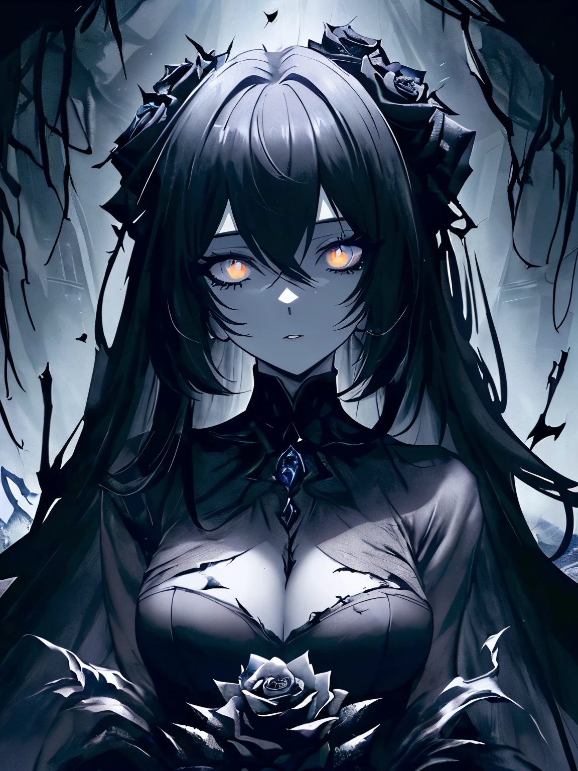 (masterpiece,best quality,ultra-detailed),1girl,pale skin, beautiful,black hair,messy hair, thick hair,black clothes,dark ambient,((monster girl)),(shadow theme),(((black dust theme))),night, starry sky,flowers,dark blue roses