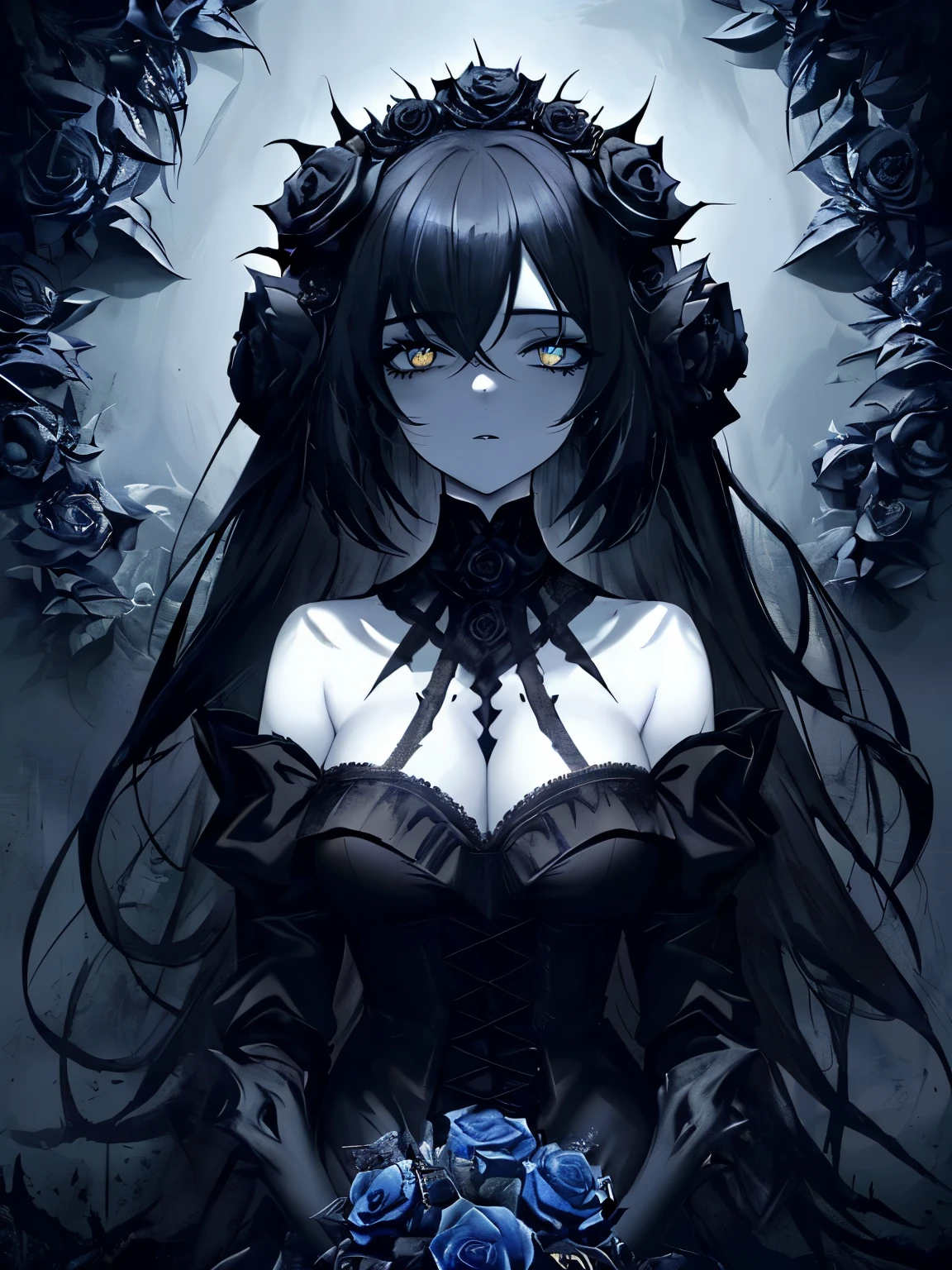 (Masterpiece, Best quality, ultra high resolution),1girl,black clothes, amber eyes, bright eyes,surrounded by spiderweb, (spider girl), beautiful and detailed face , detailed eyes, in the middle of the dark cave,cloudy sky, fog, ocean,(gray and green theme),