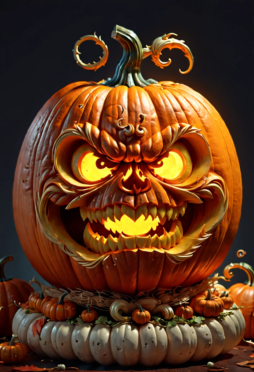 Pumpkin Carving design style, Museum Exhibition Work, Mecha by Katsuhiro Otomo and Yoji Shinkawa Carved on Pumpkin, full body, octane render, (best quality, masterpiece, Representative work, official art, Professional, 8k:1.3)