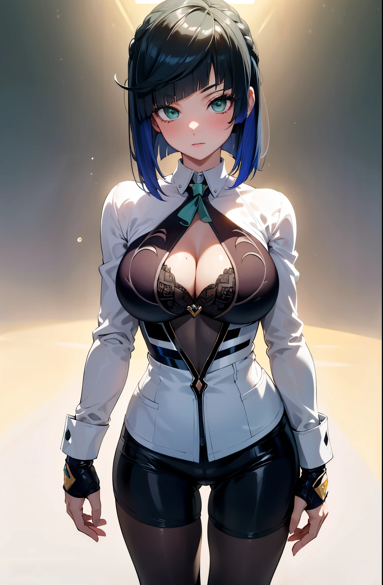 perfect hands, proportional hands, perfect body, sensual cleavage, medium breasts, feminine suit and tie, wearing tight white shorts, biker shorts, Ultra HD, 4k image, best image quality, (fidelity: 1.4), photoreal, light green eyes , eyelashes, beautiful pupil, shadows, slight blush, delicate facial features, reasonable facial features, exposed waist, natural poses