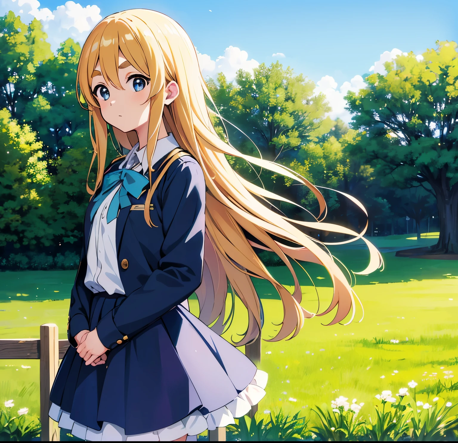 ((masterpiece)), ((high details)), ((best quality)), (((high quality)),1 girl,anime girl in uniform with arms raised in front of a fence,anime scenery of a field with a tree and a fence, anime countryside landscape,anime nature wallpaper,unity 8k,afternoon time, high quality anime movie still,the anime film, anime best girl, k-on!, ((Kotobuki Tsumugi)), blond hair, long hair, (thick eyebrows), (very light blue eyes),dutch angle, from side, cowboy shot, 85mm, f/1.8