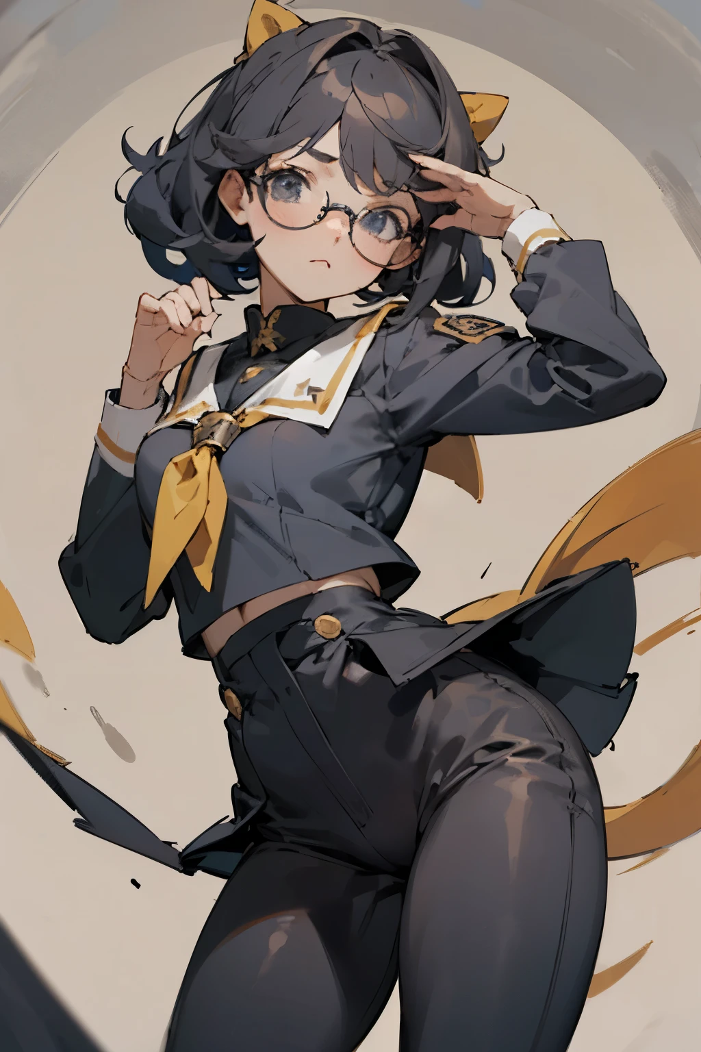 Puedes hacer una chica de pelo chino de pelo negro , con lentes grandes redondos la cuel tengo un uniforme de colegiala ,