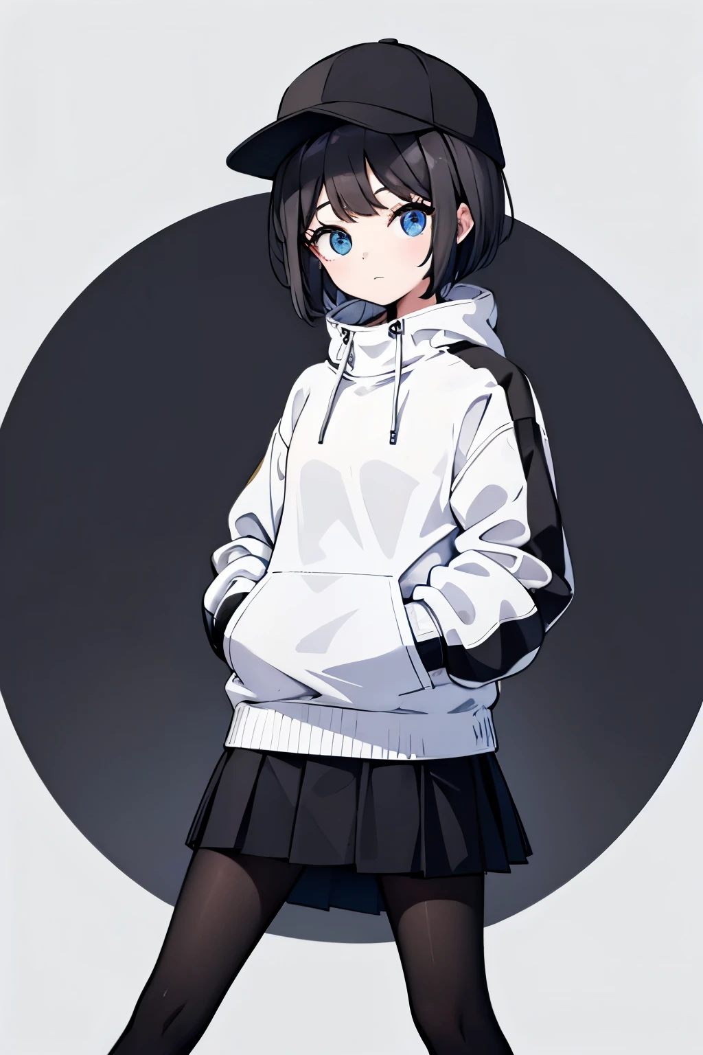 (((masterpiece, illustration, best quality))), 1girl, solo, blue eyes, ((detailed eyes)), looking at viewe, ((short hair)), ((black hair)), standing, ((baseball hat)), white headwear, upper body, white jacket, ((Closed sweater)), ((Scenenary:white background)), black socks, ((black shirt)), perfect body, upper body shot, ****, (hands in pockets), waterproof jacket, skirt black 