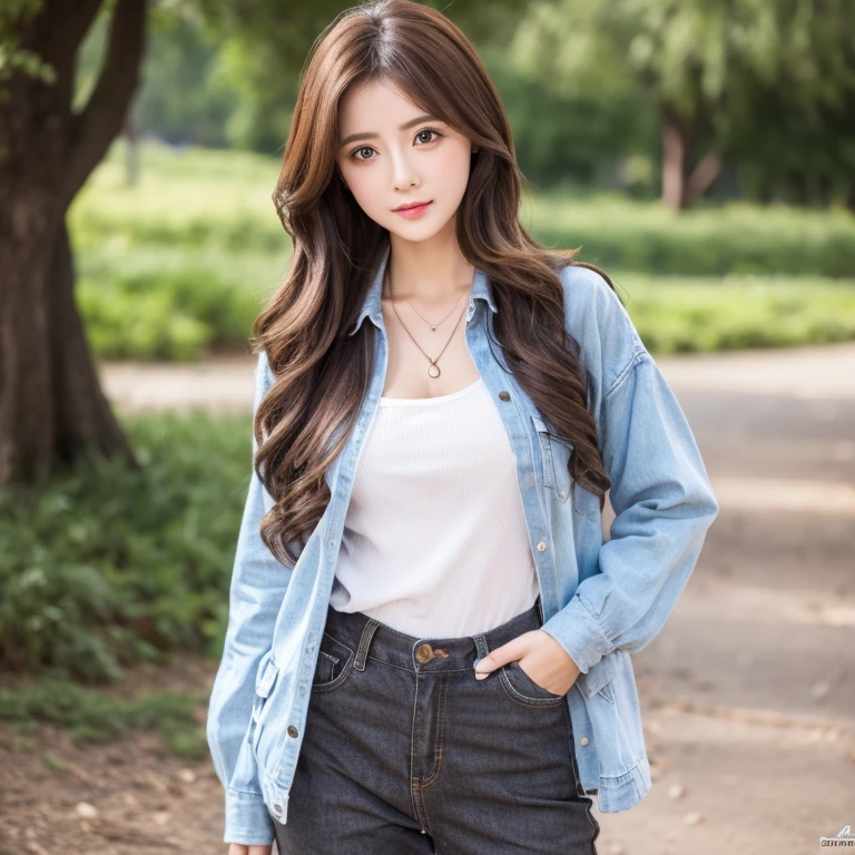 (high quality, 4K, HDR) girl、big chest、cute、Rough style with pants style、Big eyes and semi-long hair