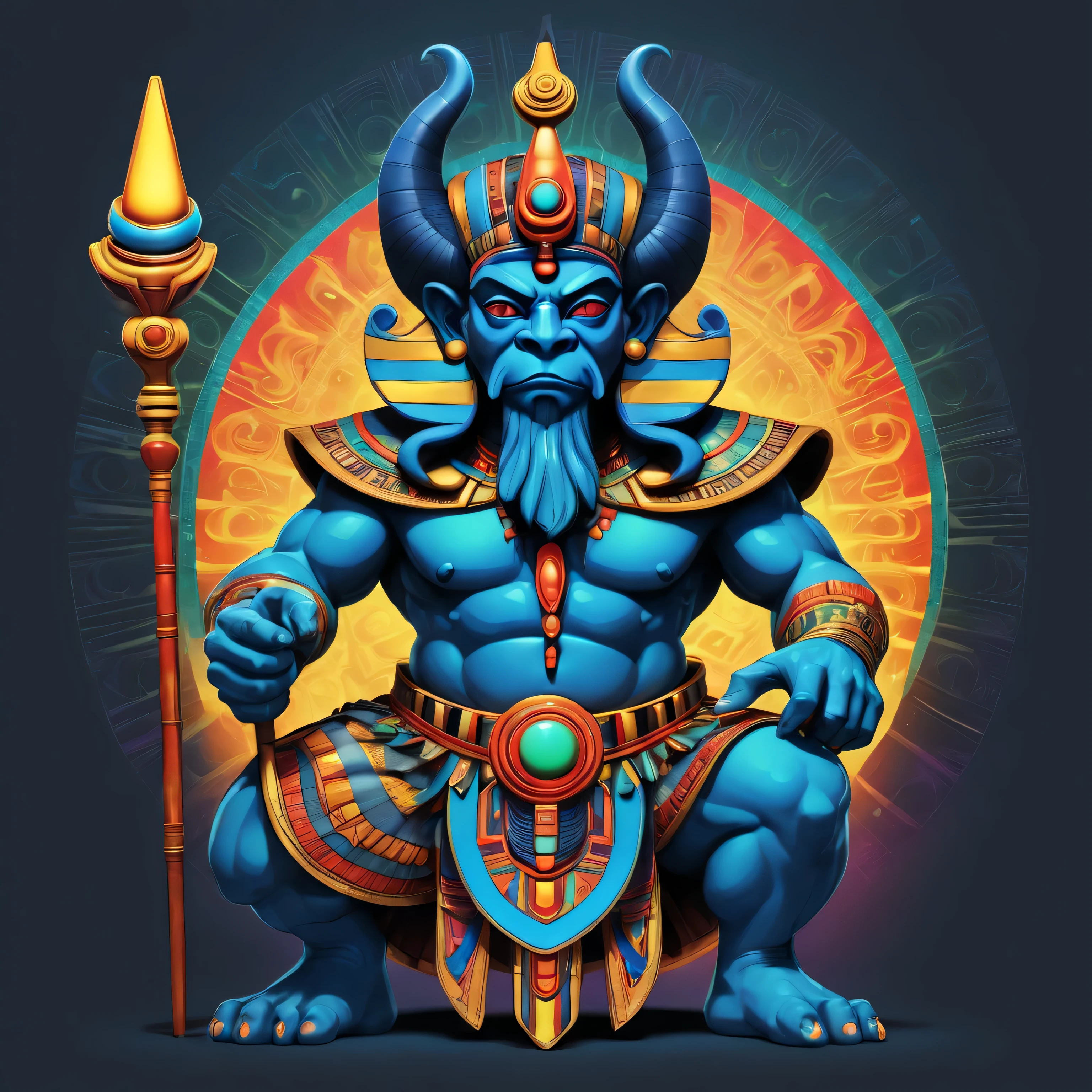 A fresh and innovative design of the Egyptian god Bes, blending the vibrant colors and bold lines of Pop Art with the dynamic energy and fluid forms of Anime and Comic Book styles. Bring a luminous and bioluminescent touch to this ancient deity, illuminating its powerful features and ornate details. Play with contrast and exaggeration, adding to its mythical allure and captivating charm.