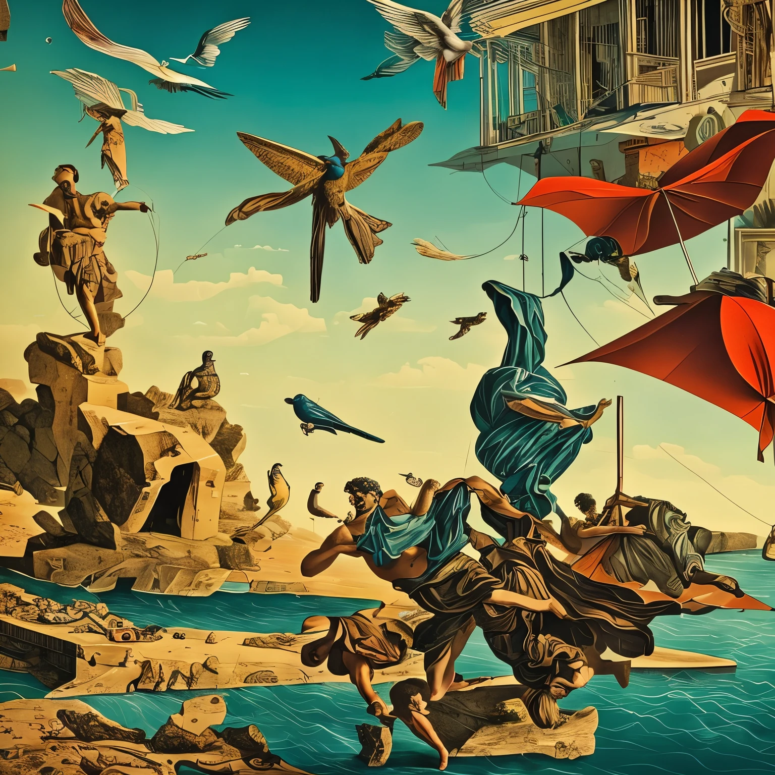 a poster with a surrealist illustration of a cracked Greek style broken statue of a man with a bird pecking at the man's belly psychedelic and umbrellas falling from the sky in an isolated place post apocalyptic psychedelic style experimental surrealist style